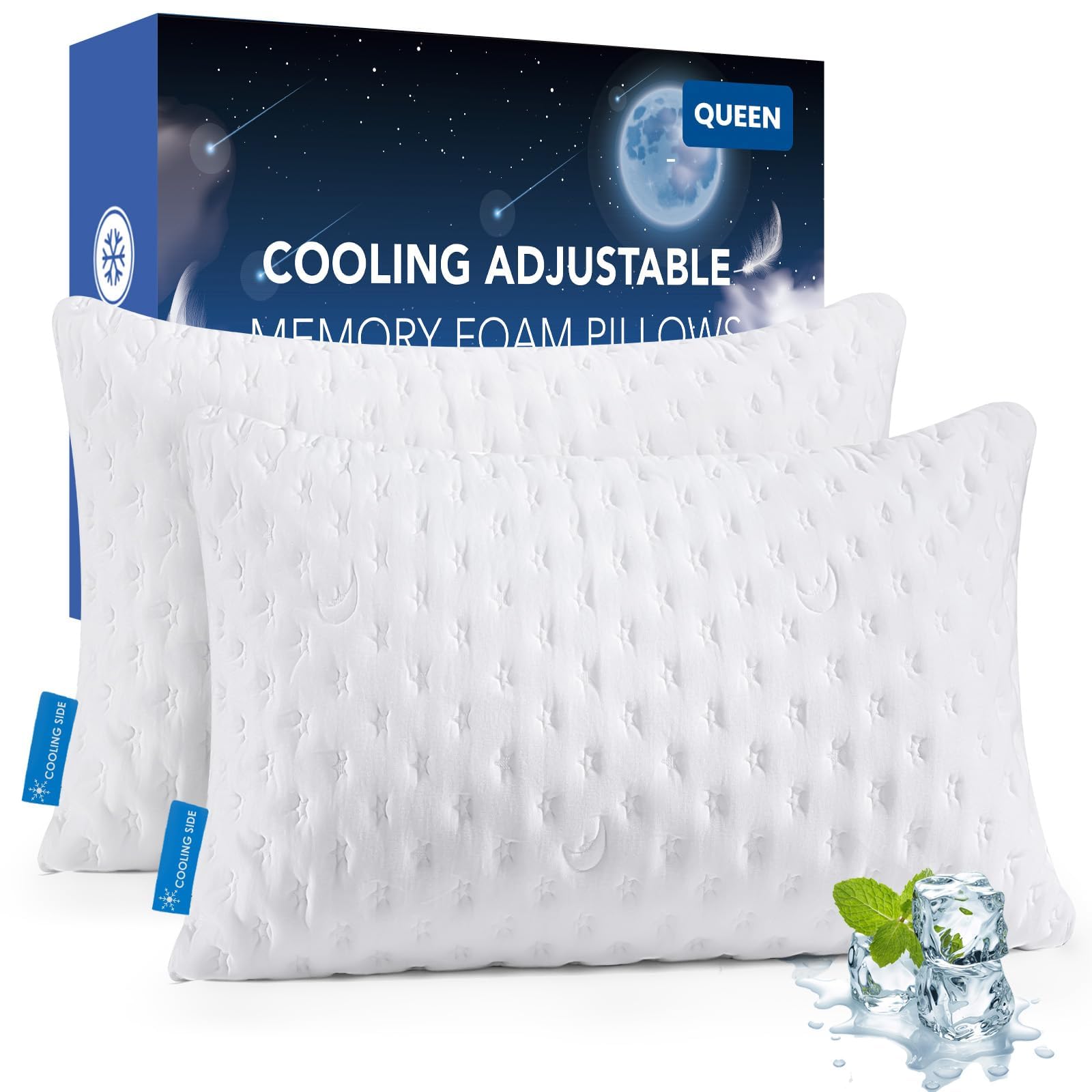 KUCEY Cooling Side Sleeper Pillow for Neck and Shoulder Pain, Luxury Shredded Memory Foam Curved Bed Pillows for Sleeping Set of 1- Adjustable Queen Size- Washable Cover Crescent White