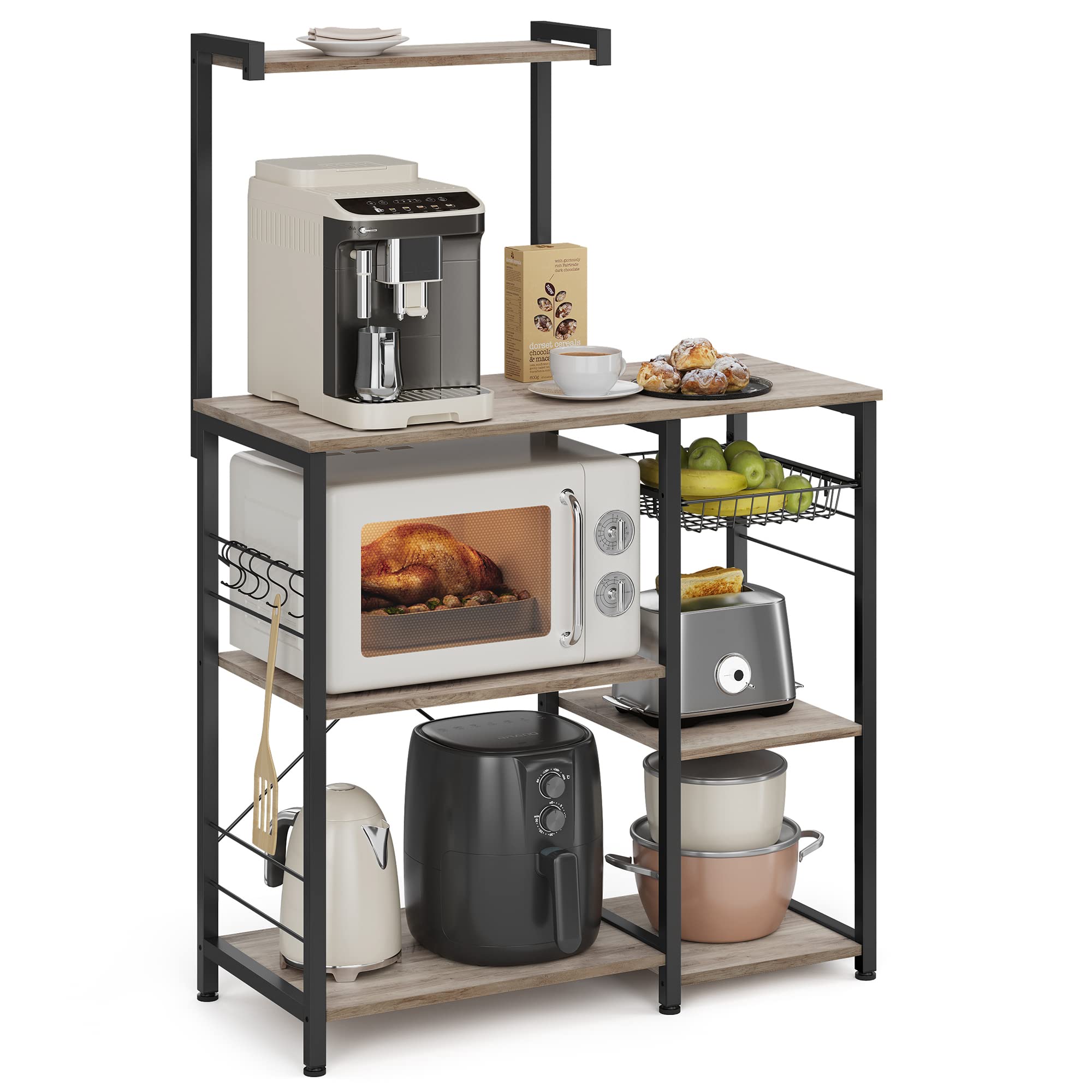 VASAGLE Kitchen Bakers Rack with Power Outlet, Coffee Bar with 35.4-Inch High Worktop, Microwave Stand with 8 Hooks, 15.7 x 31.5 x 66.9 Inches, Golden Oak and Cloud White UKKS059Y01