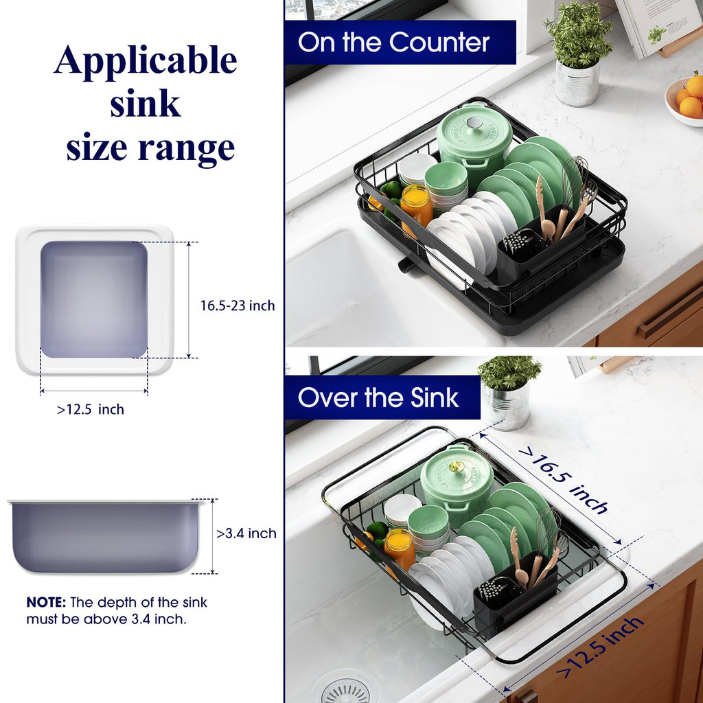 Kitsure Dish Drying Rack for Kitchen Counter, Stainless Steel Sink Organization and Storage Essentials with Cutlery Holder, Home and Appartment Decor, 12''W x 15.5''L, Black
