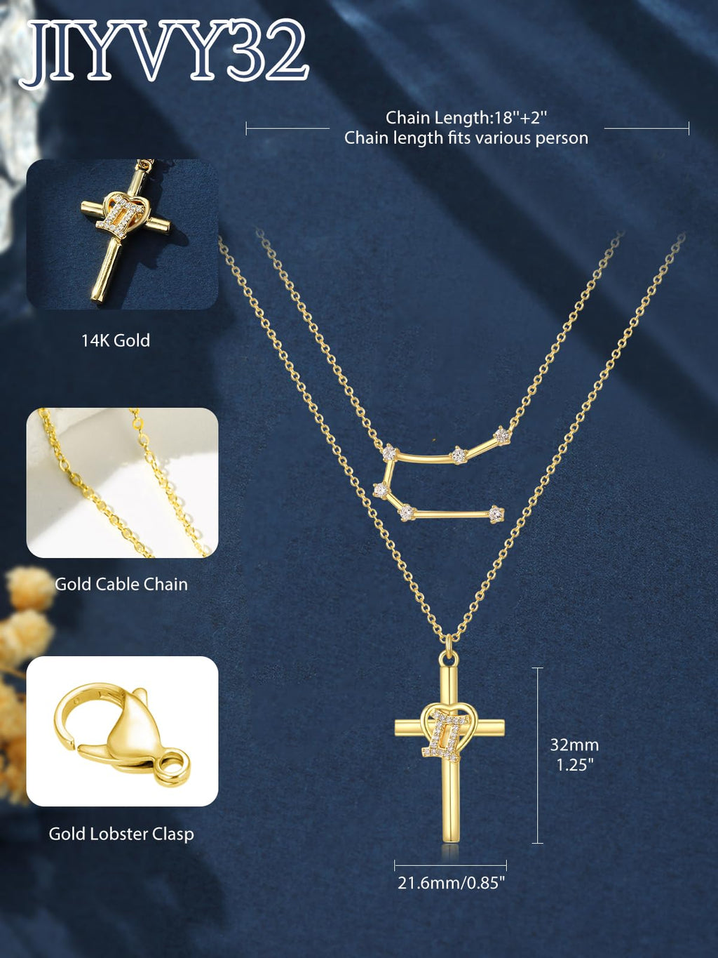 14K Gold Zodiac Cross Layered Necklace for Women - Horoscope Constellation Pendant with Cross,Luxury Anniversary Birthday Mothers Day Gifts Jewelry (12 Zodiac Signs)