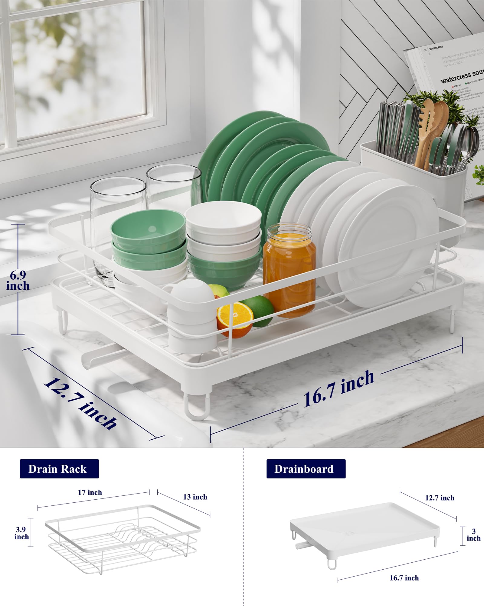 Kitsure Dish Drying Rack for Kitchen Counter, Stainless Steel Sink Organization and Storage Essentials with Cutlery Holder, Home and Appartment Decor, 12''W x 15.5''L, Black