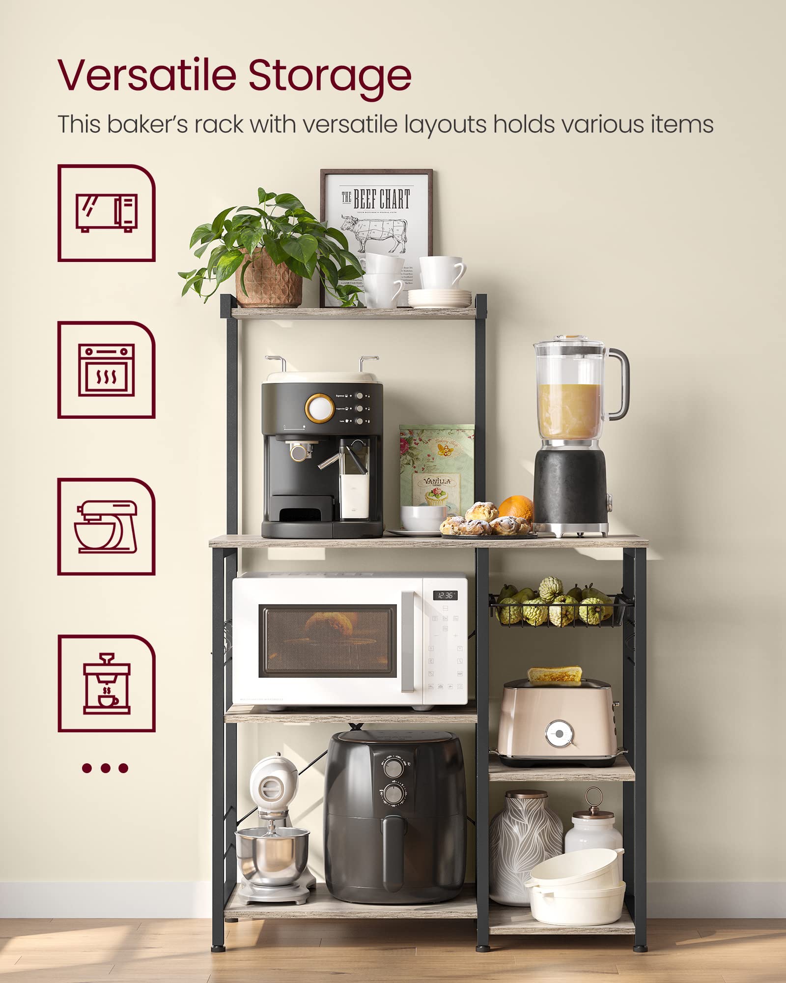 VASAGLE Kitchen Bakers Rack with Power Outlet, Coffee Bar with 35.4-Inch High Worktop, Microwave Stand with 8 Hooks, 15.7 x 31.5 x 66.9 Inches, Golden Oak and Cloud White UKKS059Y01