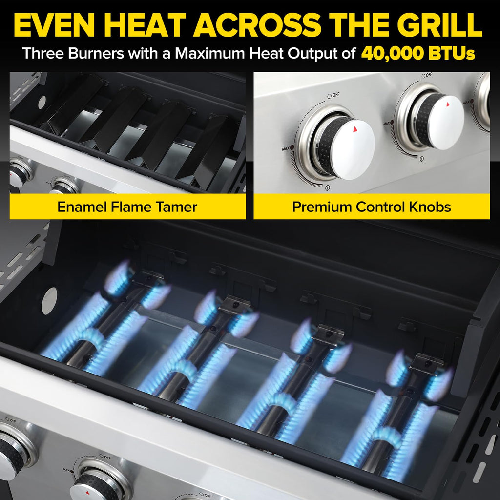 4 Burner Gas Grill with Foldable Shelves, 40,000 BTU Stainless Steel Propane BBQ Grill, 387 Sq. In. Cooking Space, Portable Outdoor Grill for Patio, Backyard, Camping & Tailgating