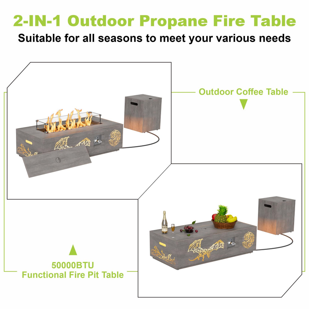 SUNPEAK 42" Modern Fire Pit Table with LED Light 50,000 BTU Deck Fire Pit Table Includes Wind Guard, Lid, Rocks & Cover - Propane Gas Patio Fireplace, Chimenea para Patio (Grey/Golden Light, 42" LED)