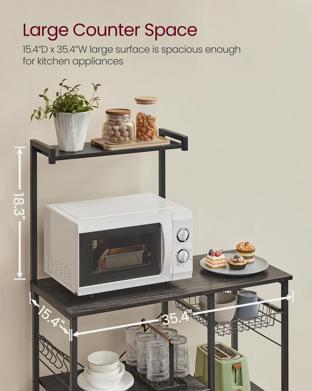 VASAGLE Kitchen Bakers Rack with Power Outlet, Coffee Bar with 35.4-Inch High Worktop, Microwave Stand with 8 Hooks, 15.7 x 31.5 x 66.9 Inches, Golden Oak and Cloud White UKKS059Y01