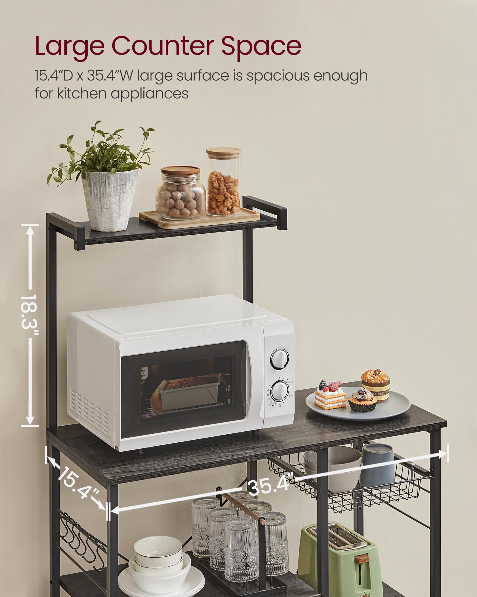 VASAGLE Kitchen Bakers Rack with Power Outlet, Coffee Bar with 35.4-Inch High Worktop, Microwave Stand with 8 Hooks, 15.7 x 31.5 x 66.9 Inches, Golden Oak and Cloud White UKKS059Y01