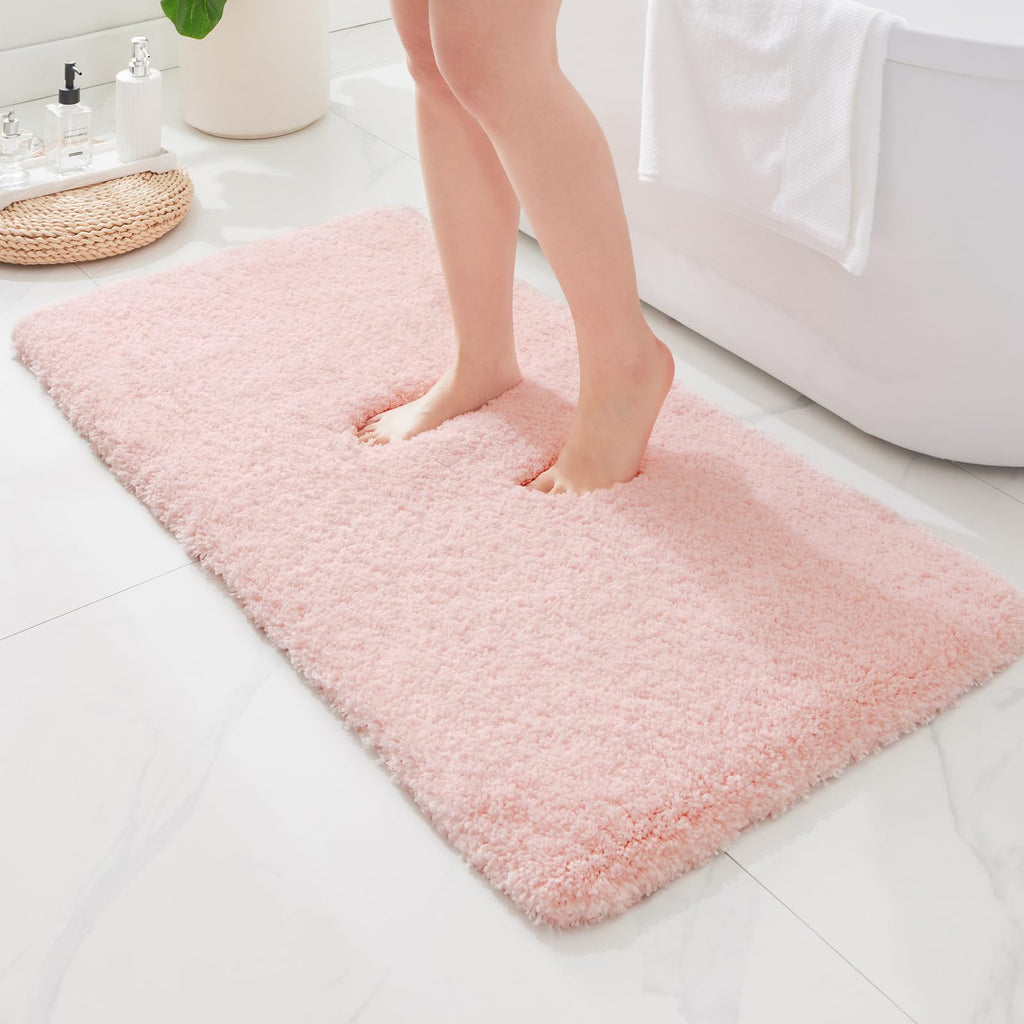 ILANGO Pink Bathroom Rugs 24" × 17" Non Slip & Super Absorbent Extra Thick Soft, Washable Bath Mat for Floor, Non Shedding Microfiber Plush Holiday Bath Rug with Rubber for Shower Sink