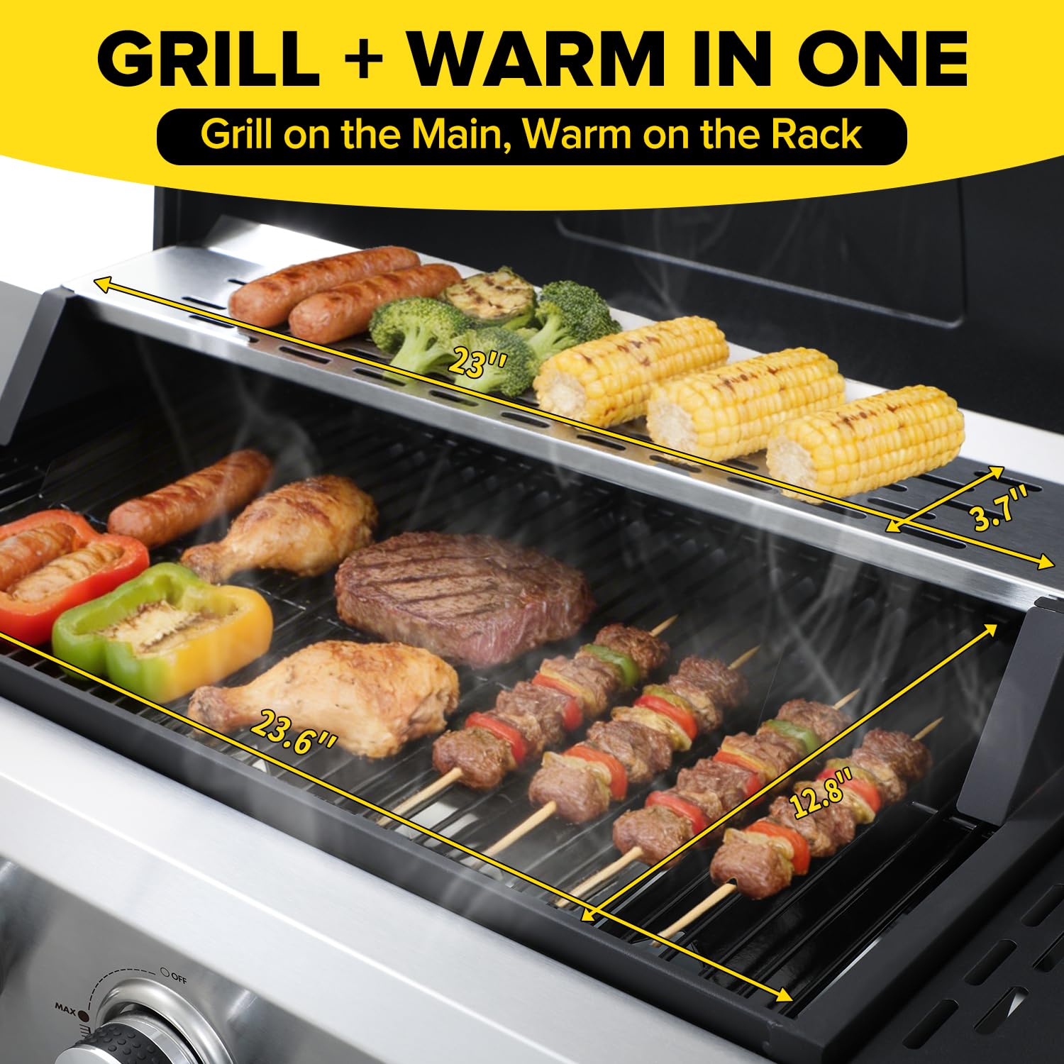 4 Burner Gas Grill with Foldable Shelves, 40,000 BTU Stainless Steel Propane BBQ Grill, 387 Sq. In. Cooking Space, Portable Outdoor Grill for Patio, Backyard, Camping & Tailgating