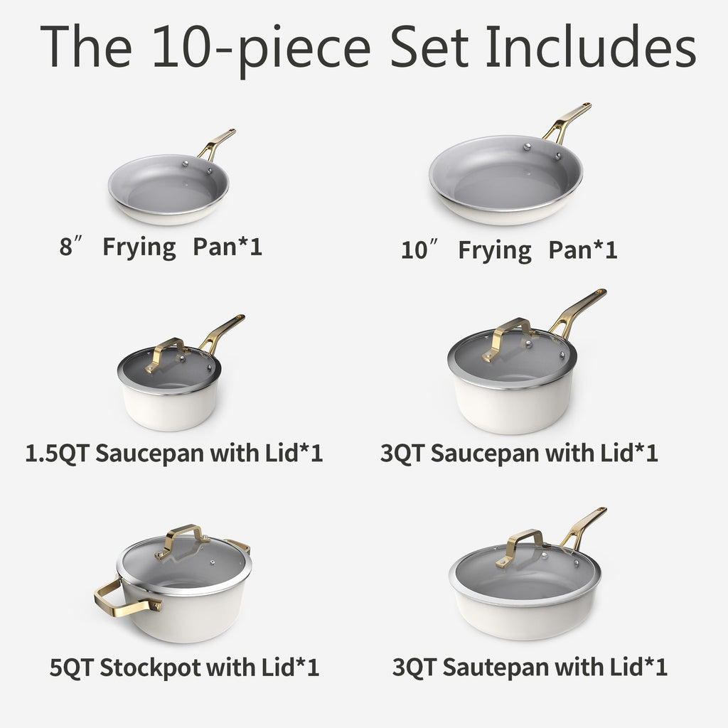 Ceramic Cookware Set, Pots & Pans Set, 10PC for RV and Apartment | Include saucepan, saute pan, stockpot, frying pans, oven safe to 480°F, dishwasher safe, non-toxic PFAS free, induction bases