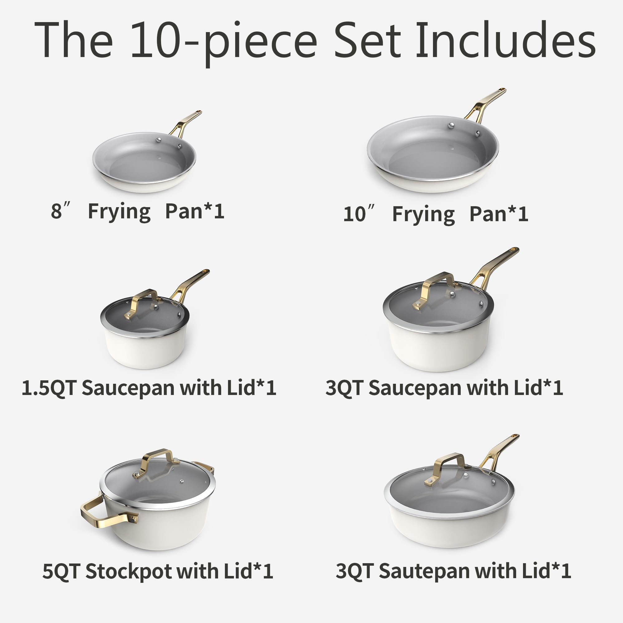 Ceramic Cookware Set, Pots & Pans Set, 10PC for RV and Apartment | Include saucepan, saute pan, stockpot, frying pans, oven safe to 480°F, dishwasher safe, non-toxic PFAS free, induction bases