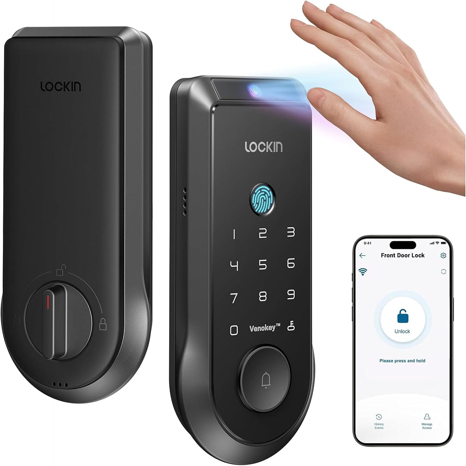 Lockin Venoris Smart Lock - Palm Vein & Fingerprint Keyless Entry Door Lock - 6 Unlock Methods - Built-in WiFi - Smart Home Compatible - No Monthly Subscription - 7-Month Battery Life