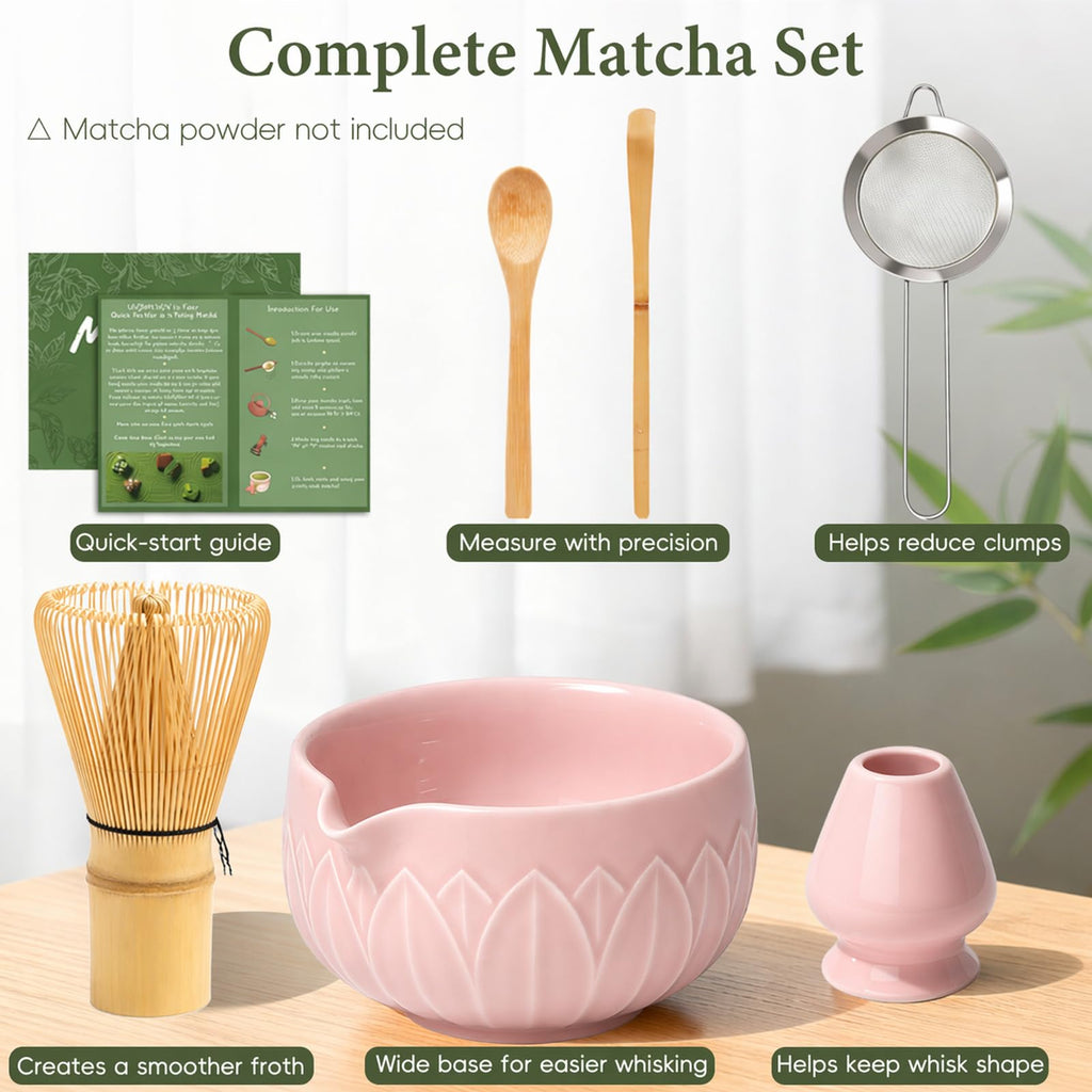 Matcha Whisk Set, Ceramic Matcha Set Includes Bowl & Holder, Bamboo Whisk (Chasen), Scoop, Spoon and Sifter, 6PCS Matcha Kit Covers Everything Needed for Making Matcha (Green)