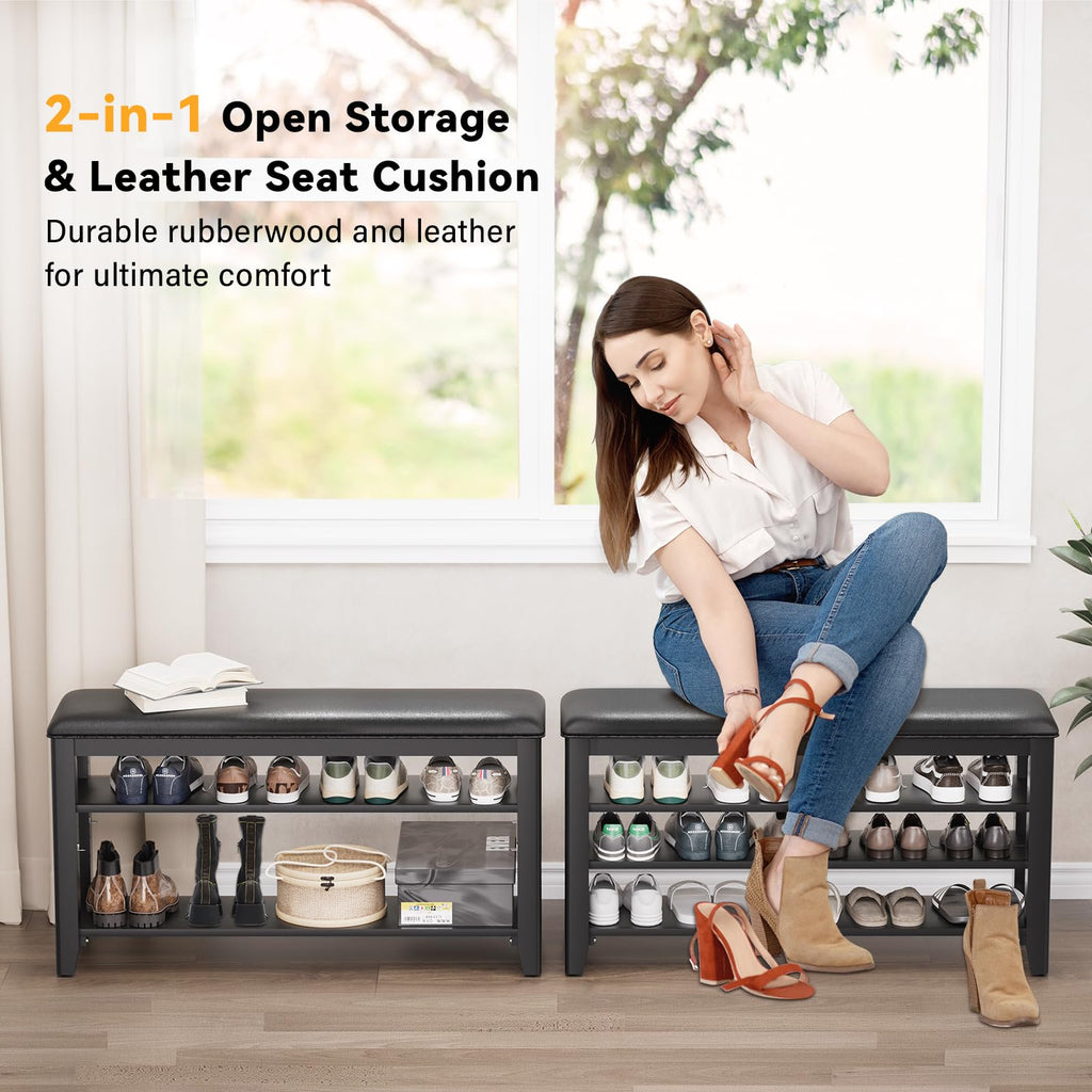 Taitiy Shoe Bench Storage Rubberwood with Leather Cushion for Entryway Bench Ideal for Hallways Shoe Rack Front Doors Entrances Mudrooms Featuring 3 Height-Adjustable and Removable Shelves
