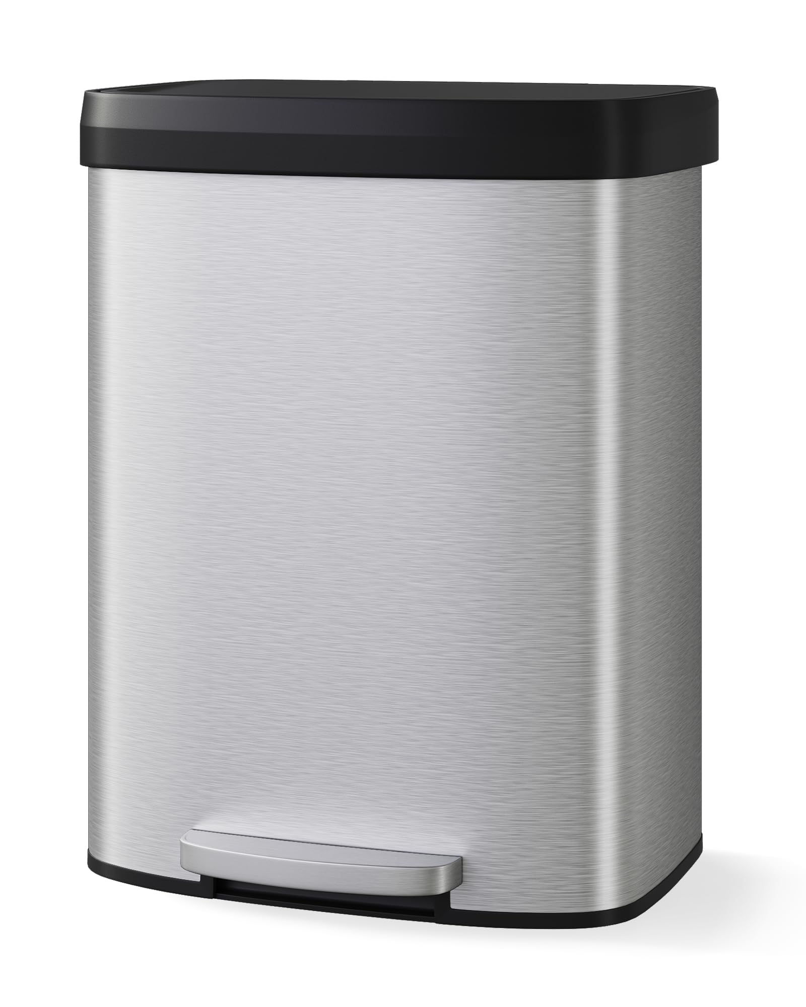 Garvee 13 gal / 50 L Stainless Steel Trash Can with Lid, Large Garbage Can for Kitchen, Rustproof Step-on Kitchen Metal Trash Bin with Liner Rim, Rear Handle, Soft Close Plastic Lid, Silver