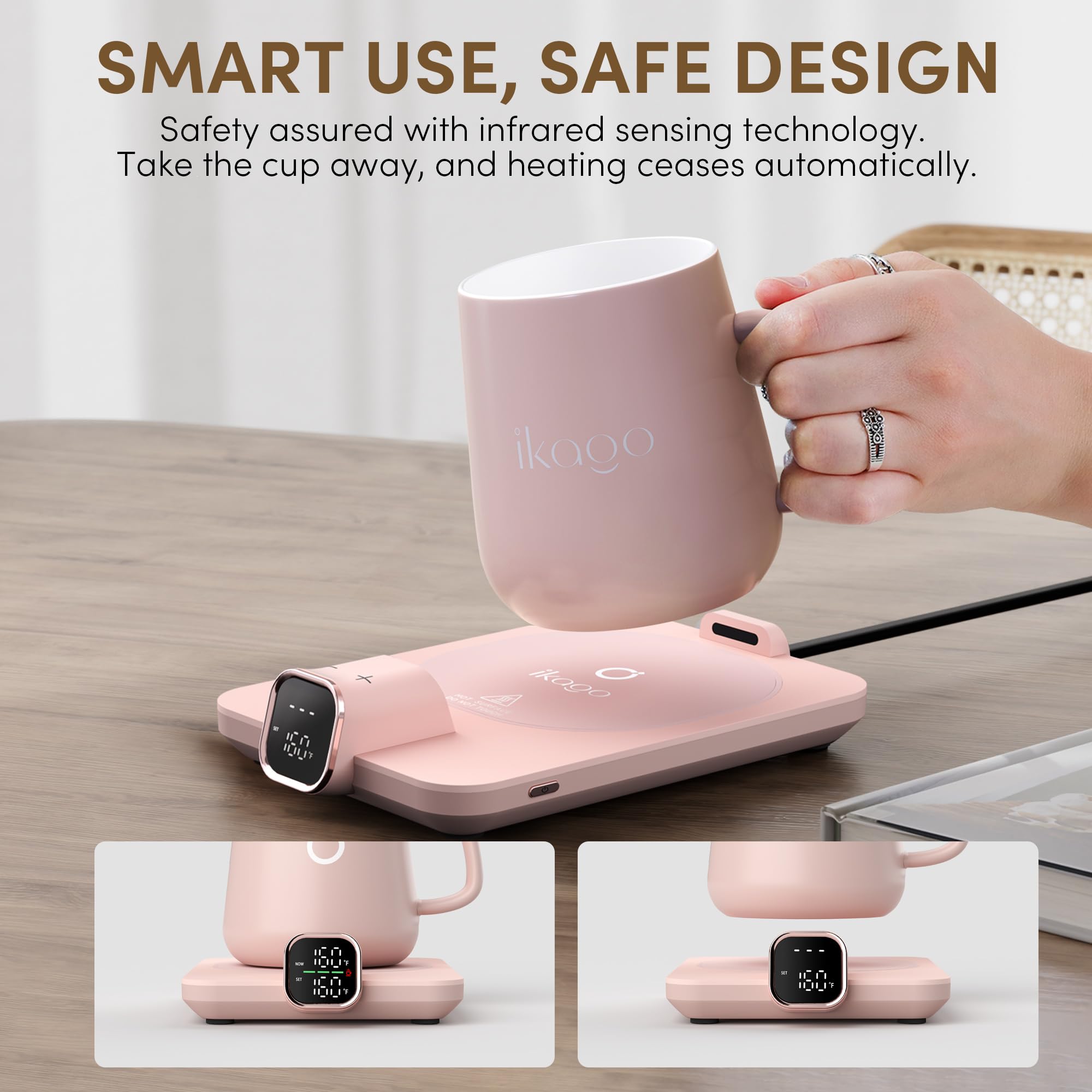 Coffee Cup Warmer & iKago Mug Set, 1℉ Precise Temp Control Mug Warmer | Auto Shut Off, Infrared Sensor, Dual Temp Display, ℉/℃ Optional, 15oz Mug with Spoon & Lid Included, Gifts for Men Women