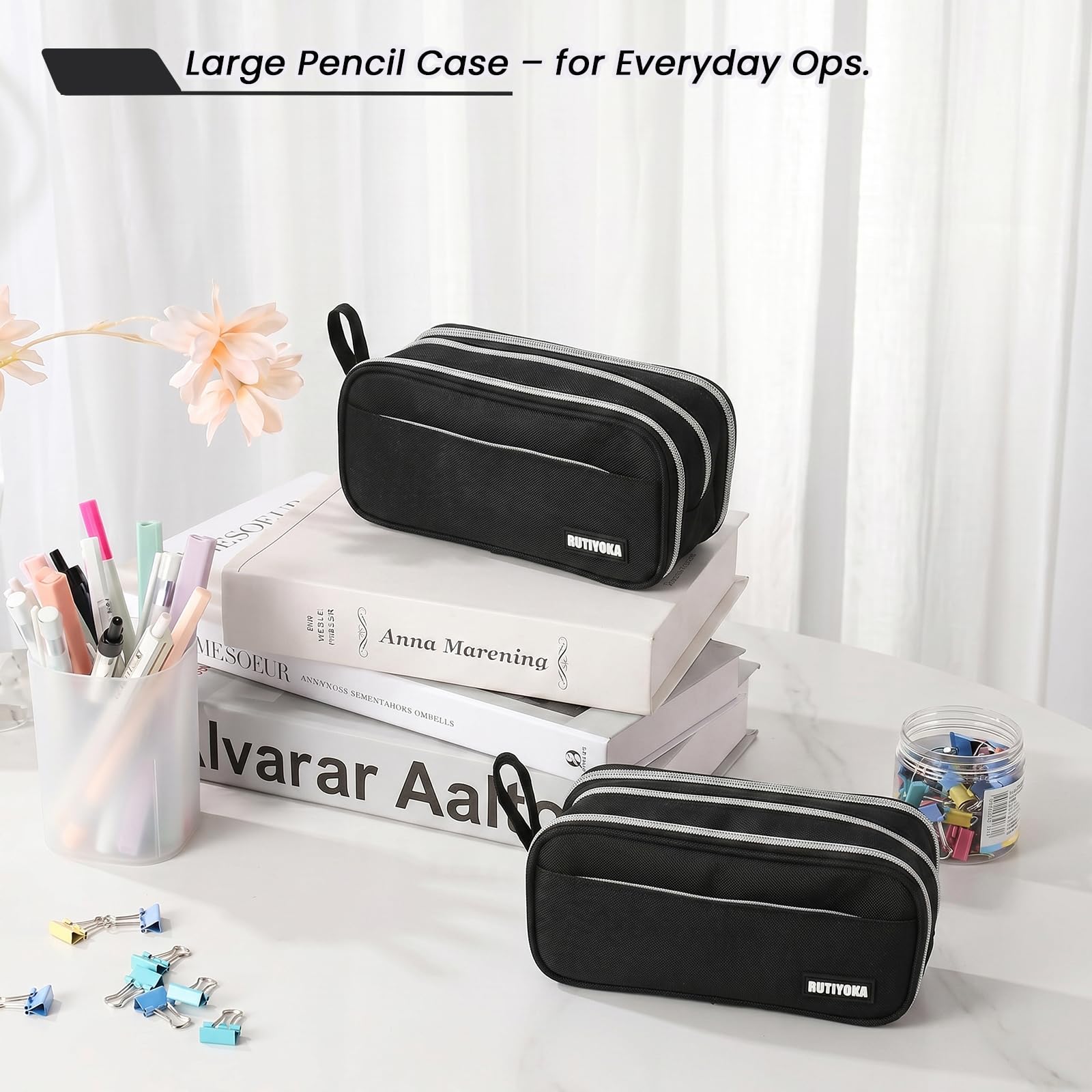 Large Pencil Case Pouch, Extra Big Pencil Bag with 4 Compartments for Kids, Oxford Cloth Pen Bag with Zipper, Pencil Organizer, Cute Aesthetic School Supplies for Teen Girls Boys Adults Pink
