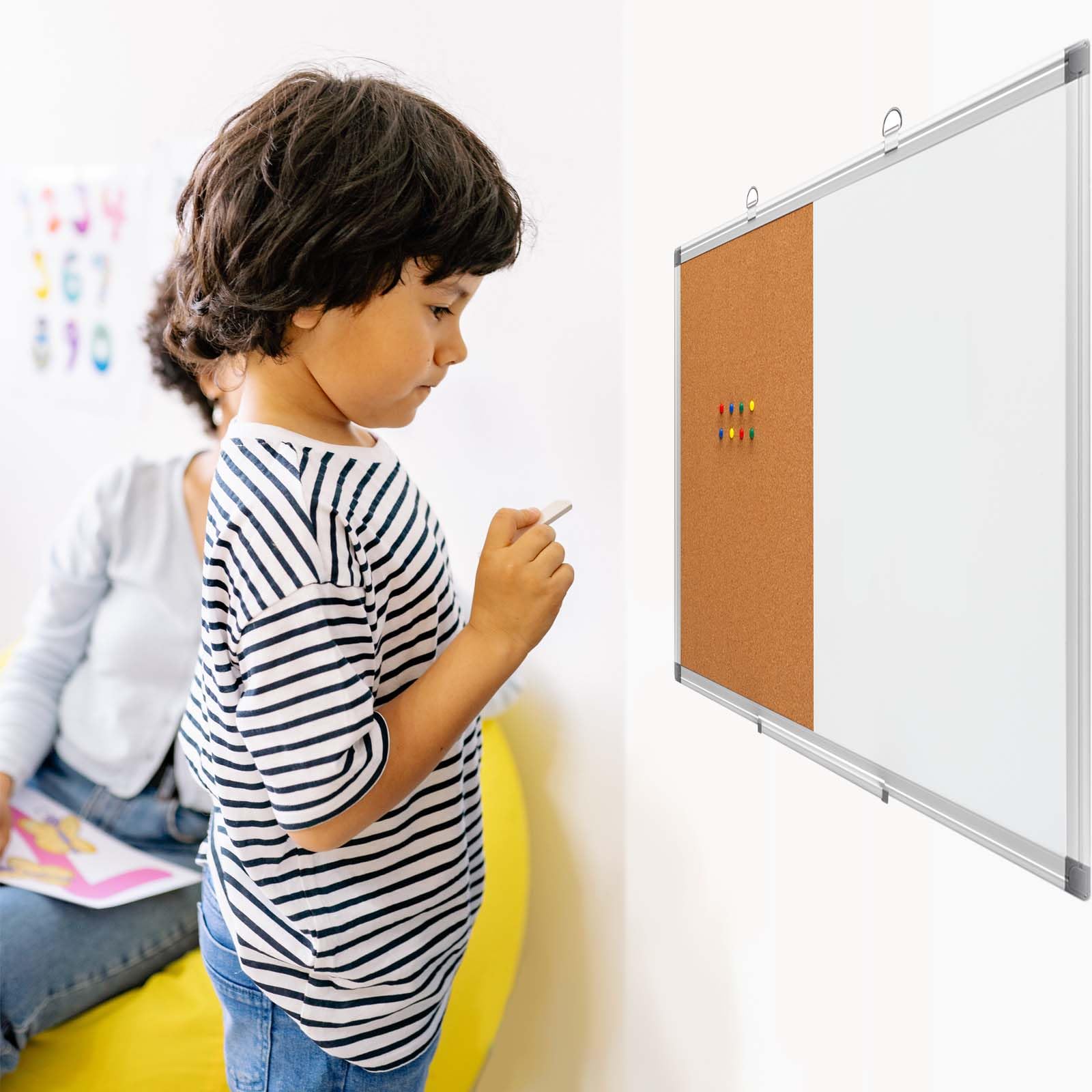 Comix Cork Board Magnetic Dry Erase Board Combo, 36 x 24 Inches Large Whiteboard and Bulletin Board Combination, Aluminum Frame Vision Board with Dry Erase Markers, Magnets, Eraser and Push Pins