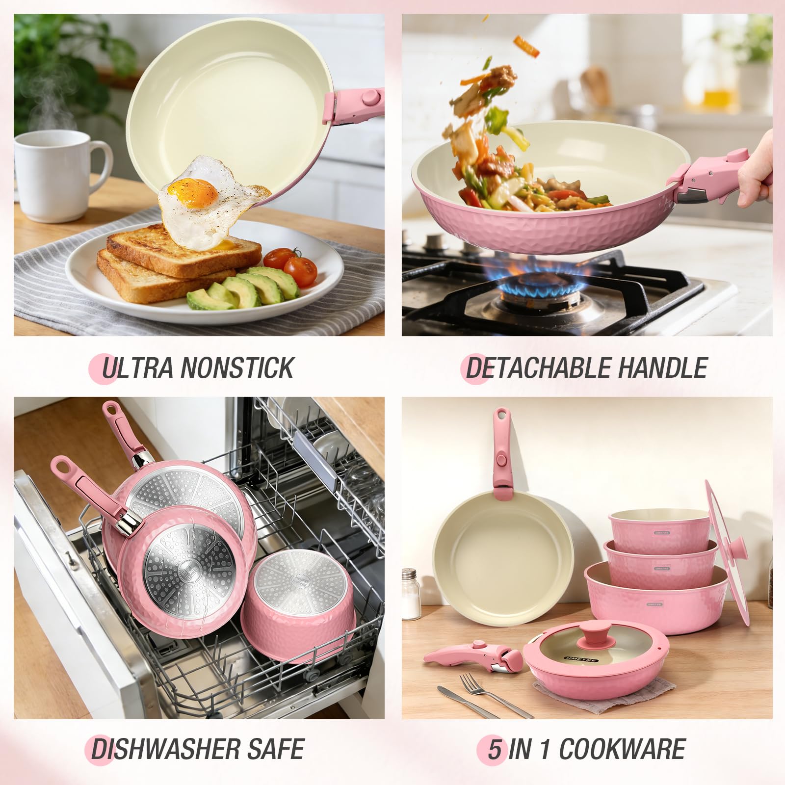 pots and Pans Set, Ceramic Nonstick Cookware Set Detachable Handle, Induction Kitchen Cookware Sets with Removable Handle, Non Stick RV Cookware Set, Dishwasher ＆ Oven Safe