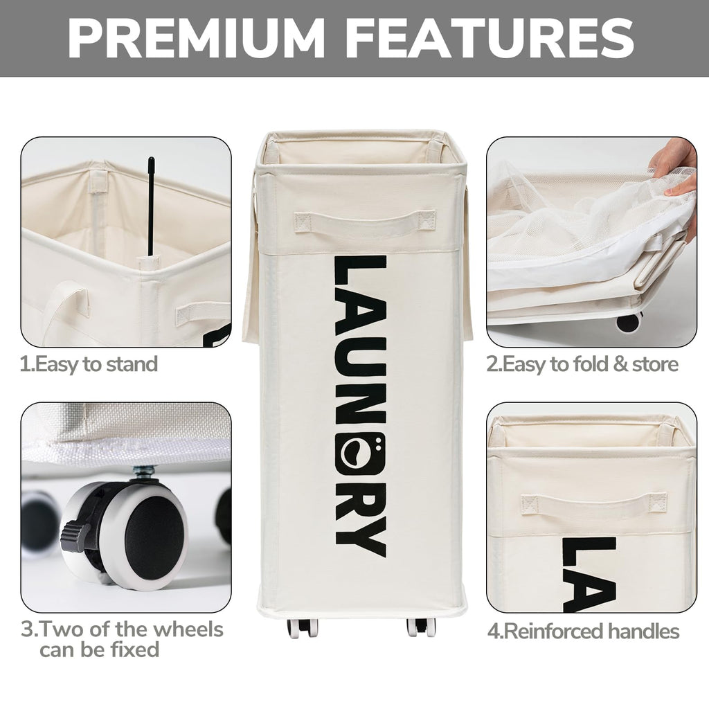 Goodpick Pink Laundry Basket with Wheels, Dorm Room Essentials for Girls, 75L Collapsible Laundry Basket, Laundry Hamper with Handle for College Dorm