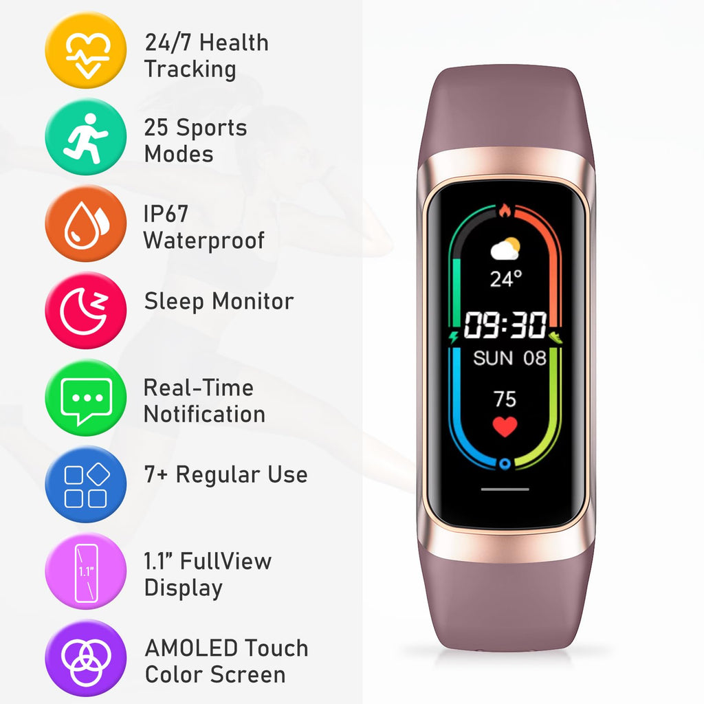 Fitness Tracker with 24/7Heart Rate, Blood Pressure, Sleep Tracking, Calorie, Activity Tracker with 1.1" AMOLED Color Screen, Waterproof Step Tracker for Android iPhones Women Men