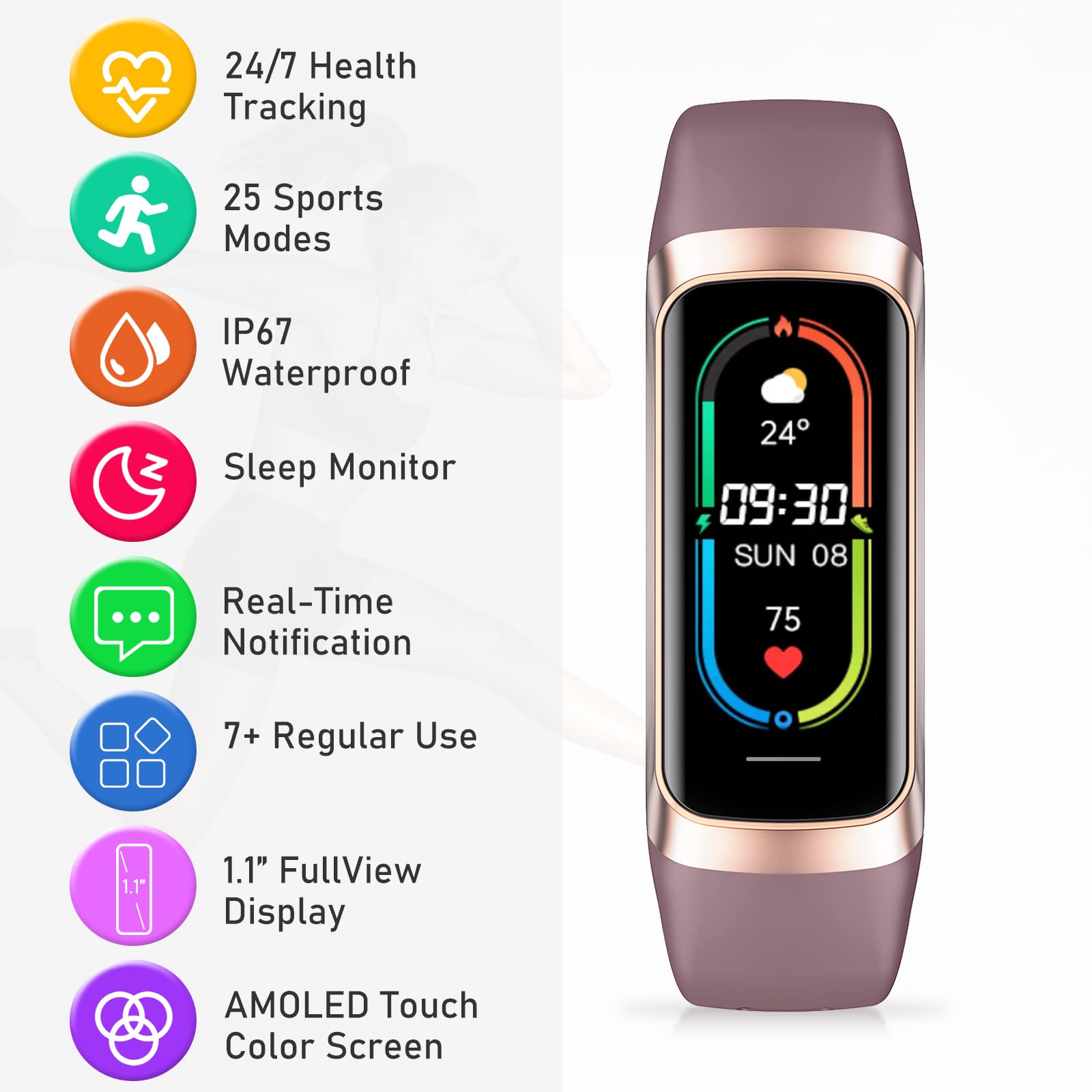 Fitness Tracker with 24/7Heart Rate, Blood Pressure, Sleep Tracking, Calorie, Activity Tracker with 1.1" AMOLED Color Screen, Waterproof Step Tracker for Android iPhones Women Men