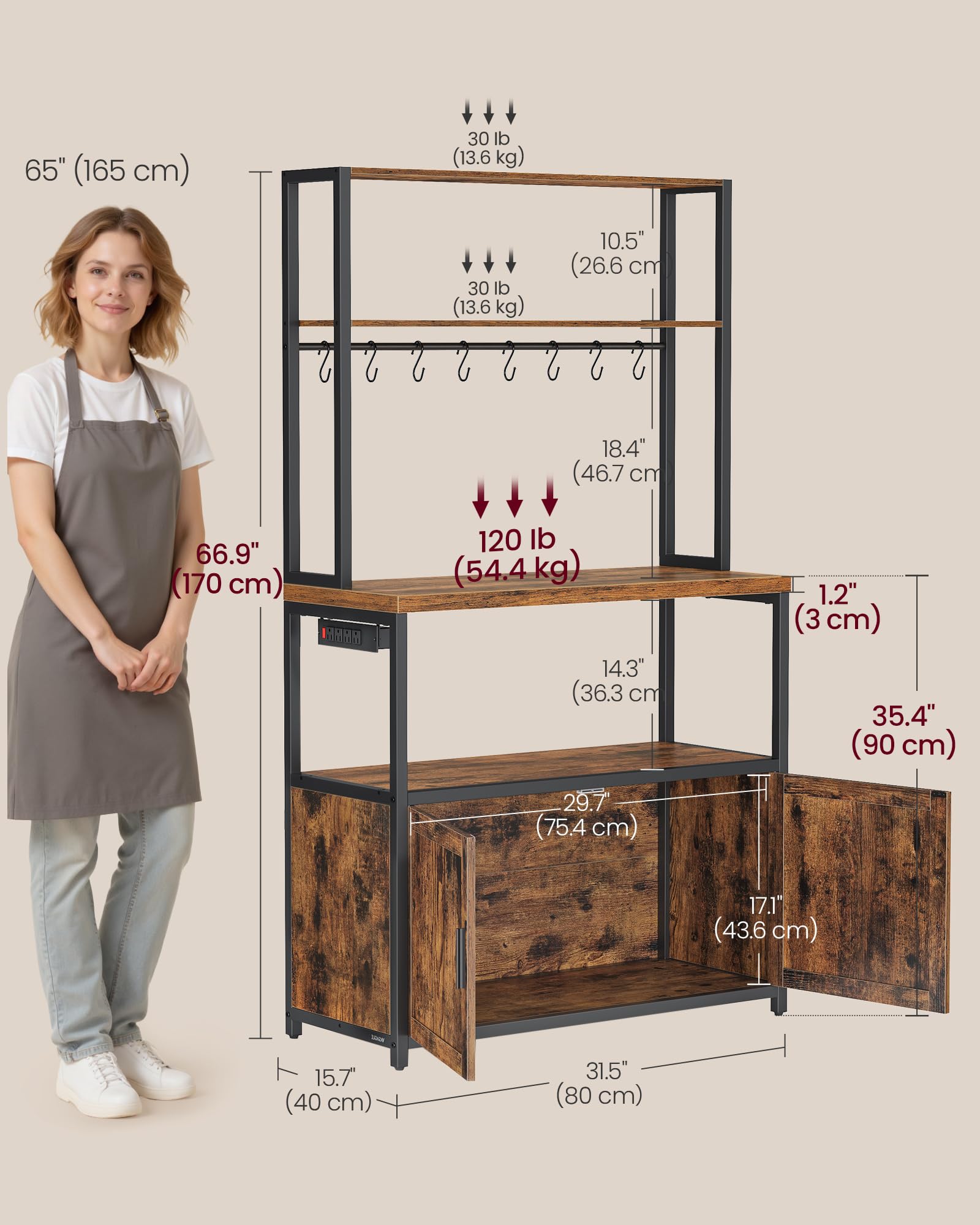 VASAGLE Kitchen Bakers Rack with Power Outlet, Coffee Bar with 35.4-Inch High Worktop, Microwave Stand with 8 Hooks, 15.7 x 31.5 x 66.9 Inches, Golden Oak and Cloud White UKKS059Y01