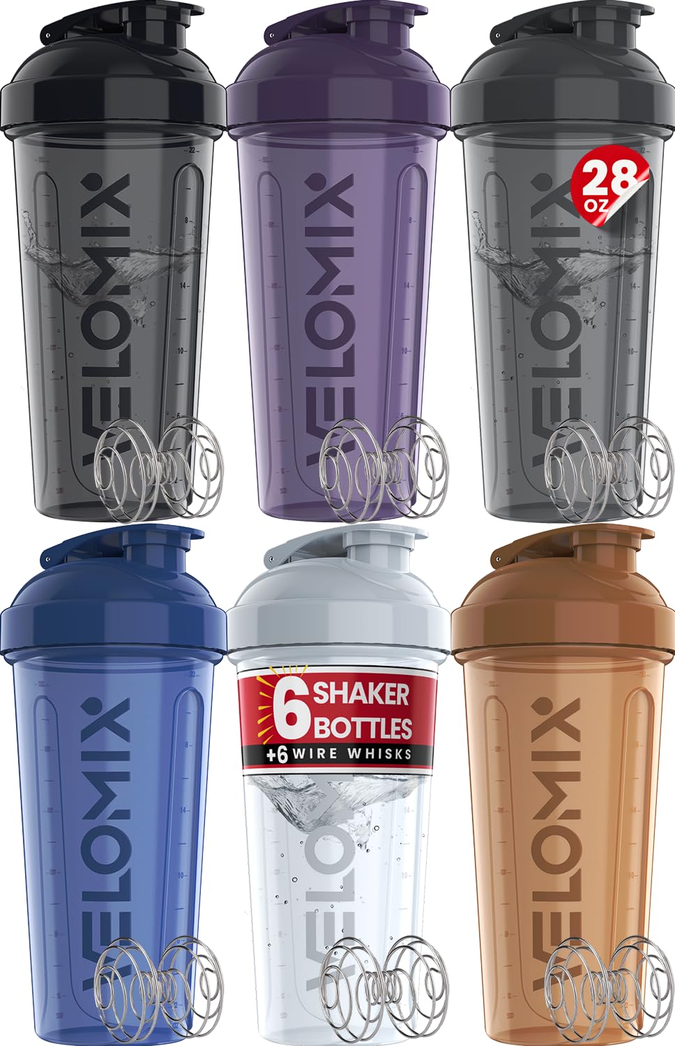VELOMIX 6 Pack 28 oz Protein Shaker Bottle for Mixes - 6 Wire Whisk Balls | Leak Proof Cups for Supplements | BPA-Free Gym & Fitness (Earth Tones Collection)