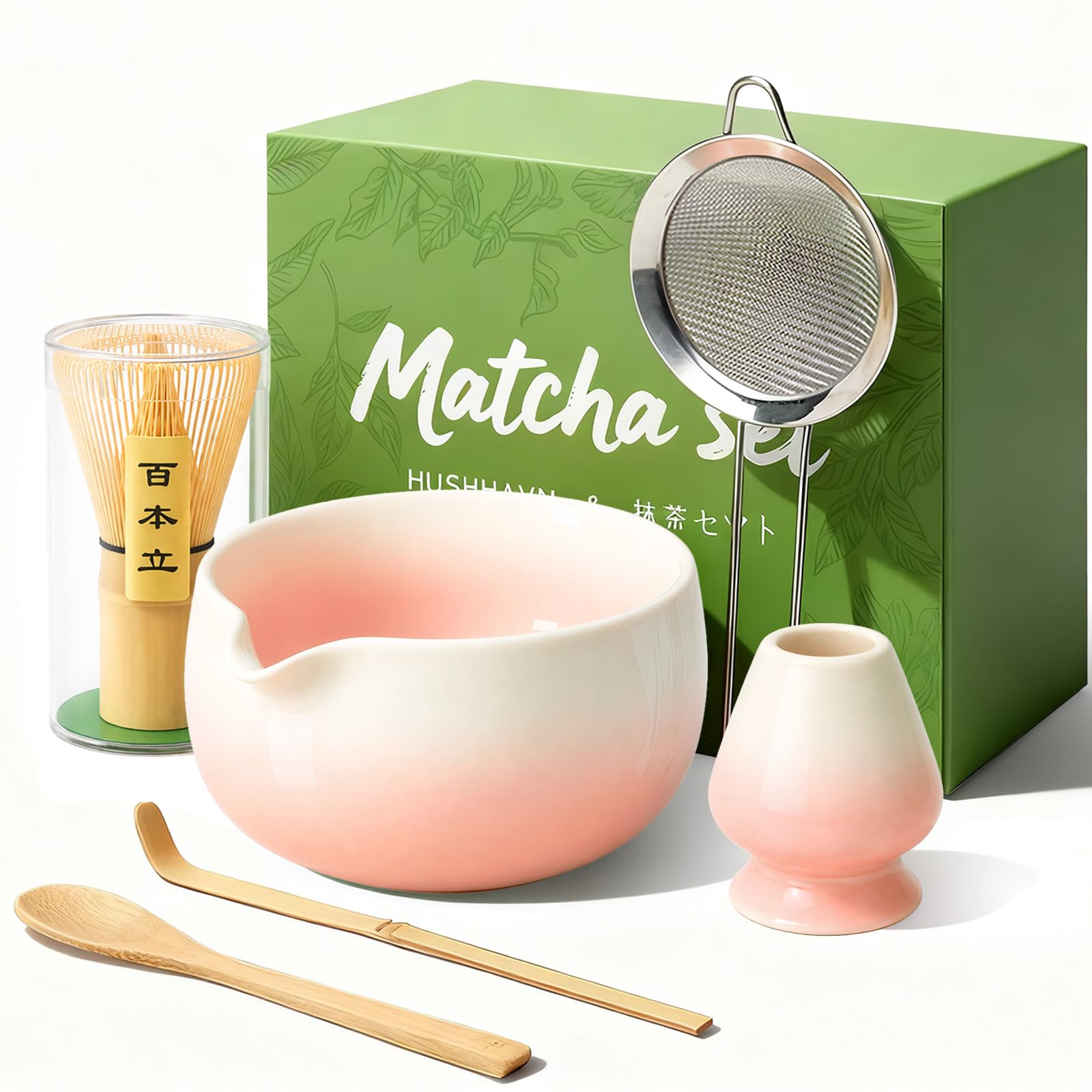 Matcha Whisk Set, Ceramic Matcha Set Includes Bowl & Holder, Bamboo Whisk (Chasen), Scoop, Spoon and Sifter, 6PCS Matcha Kit Covers Everything Needed for Making Matcha (Green)