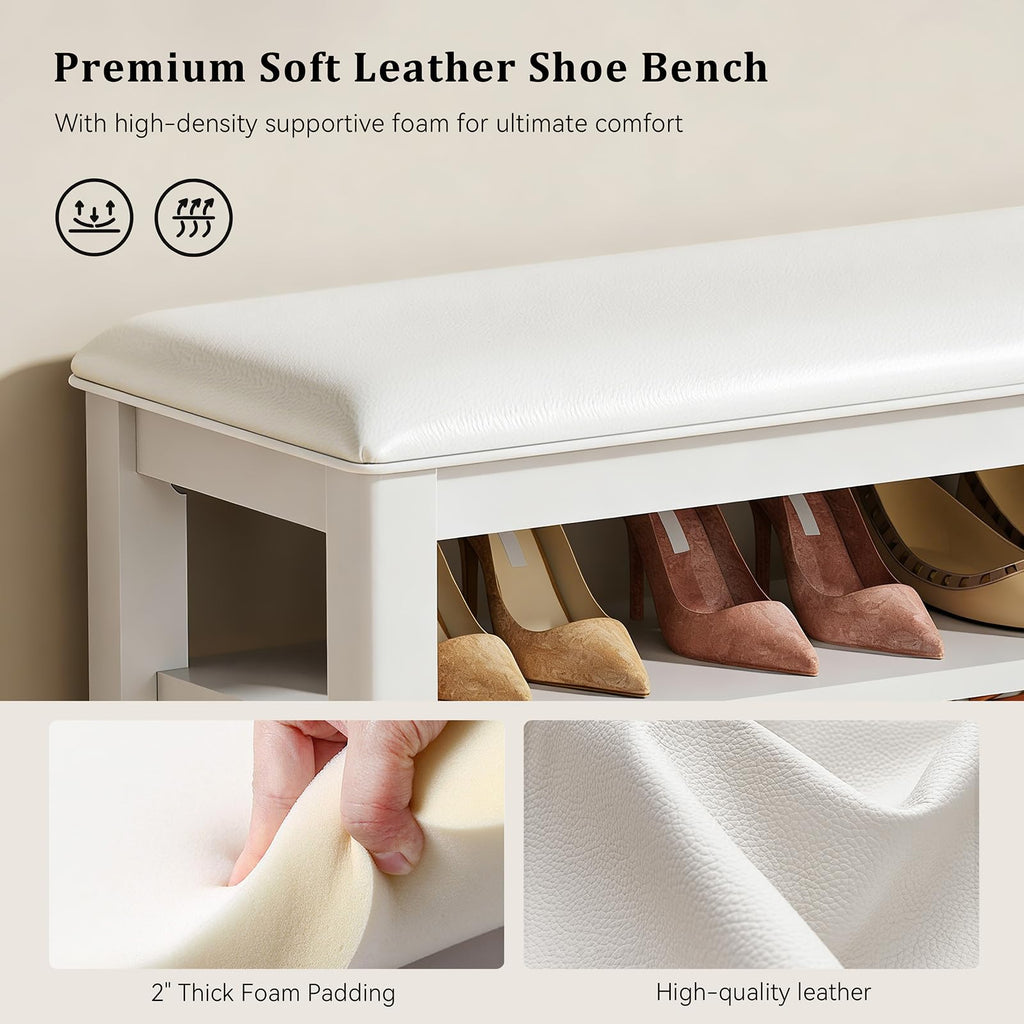 Taitiy Shoe Bench Storage Rubberwood with Leather Cushion for Entryway Bench Ideal for Hallways Shoe Rack Front Doors Entrances Mudrooms Featuring 3 Height-Adjustable and Removable Shelves