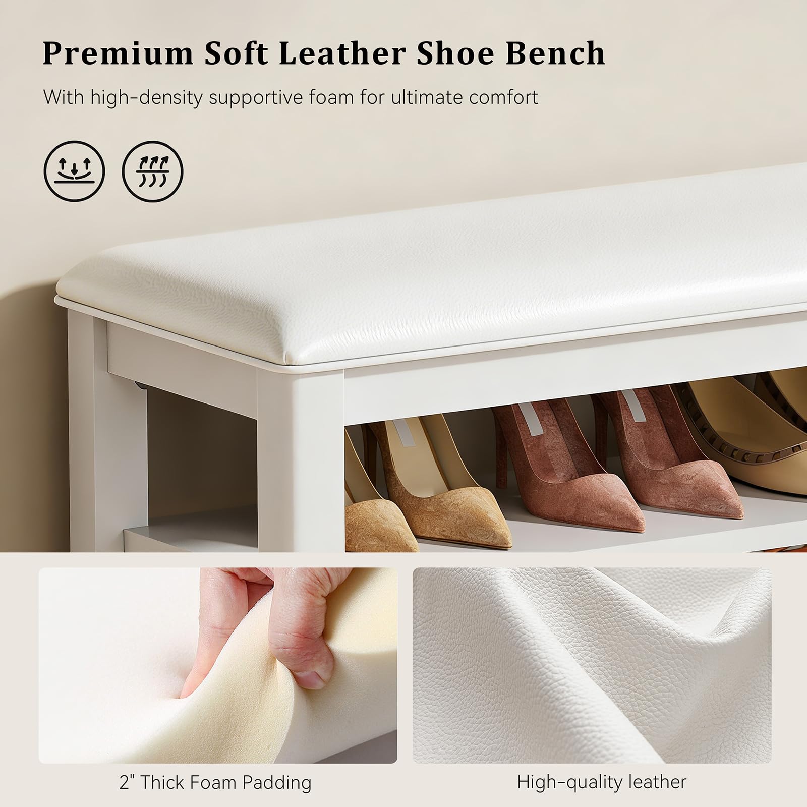 Taitiy Shoe Bench Storage Rubberwood with Leather Cushion for Entryway Bench Ideal for Hallways Shoe Rack Front Doors Entrances Mudrooms Featuring 3 Height-Adjustable and Removable Shelves