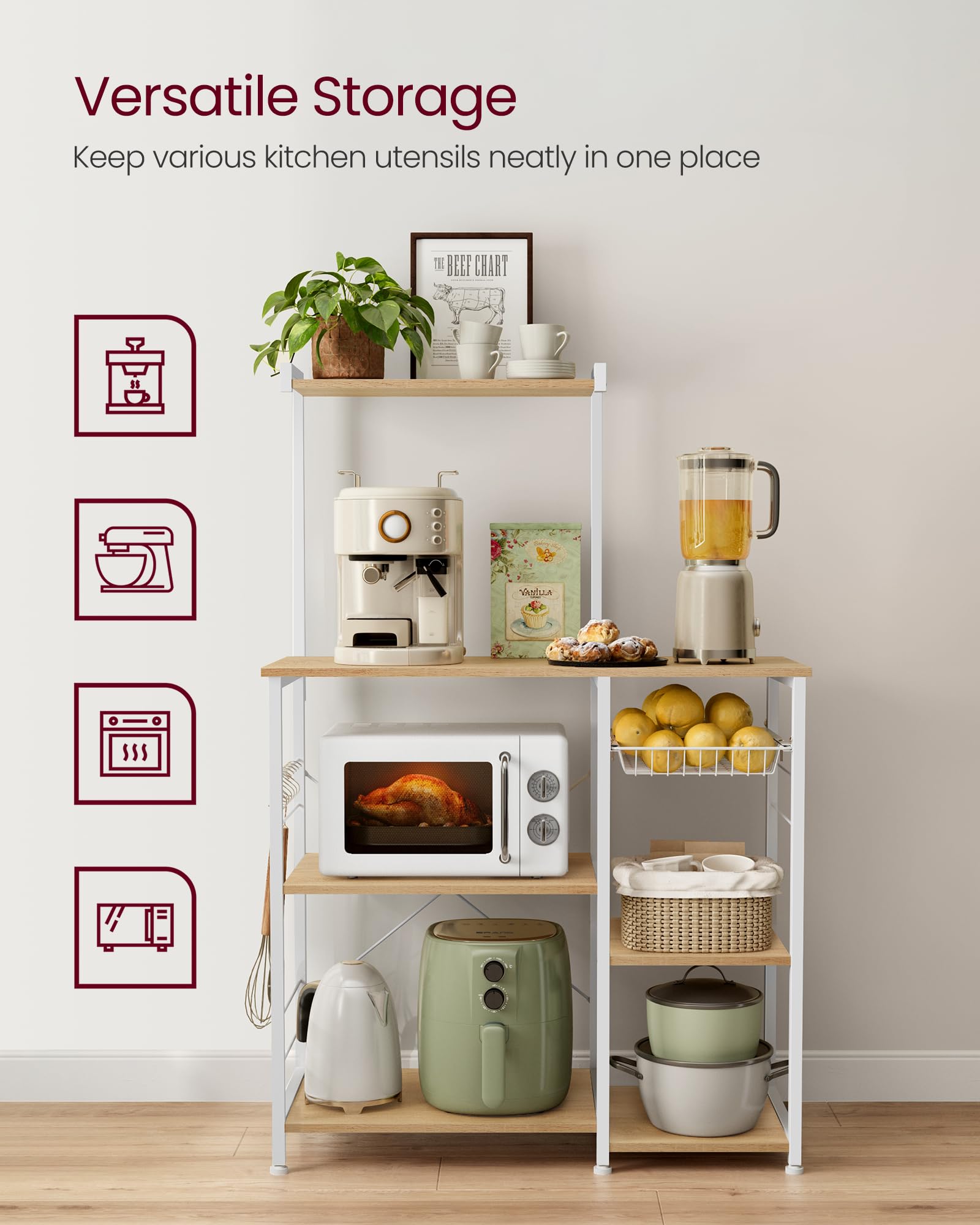 VASAGLE Kitchen Bakers Rack with Power Outlet, Coffee Bar with 35.4-Inch High Worktop, Microwave Stand with 8 Hooks, 15.7 x 31.5 x 66.9 Inches, Golden Oak and Cloud White UKKS059Y01