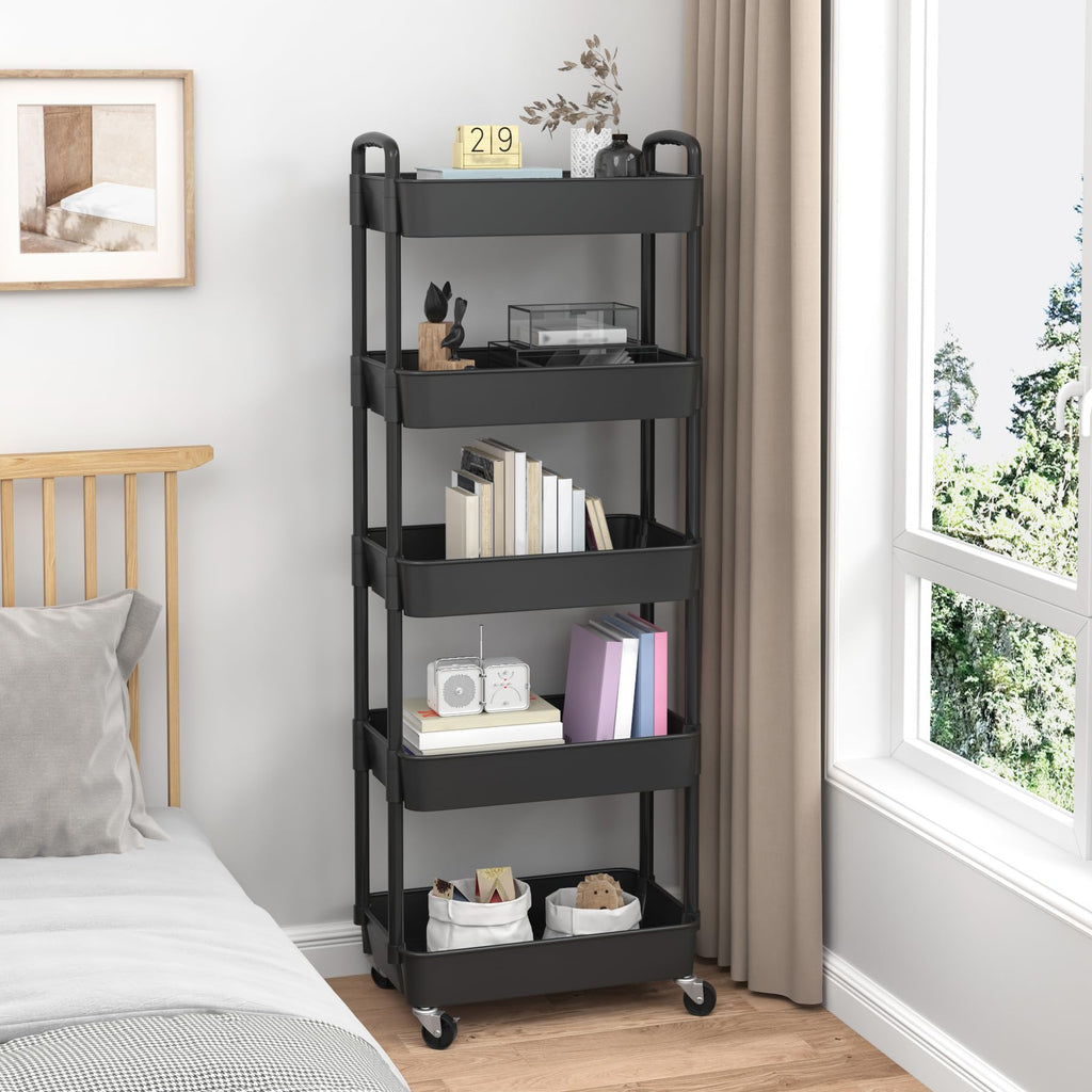 Sywhitta 3-Tier Plastic Rolling Utility Cart with Handle, Multi-Functional Storage Trolley for Office, Living Room, Kitchen, Movable Storage Organizer with Wheels, Black