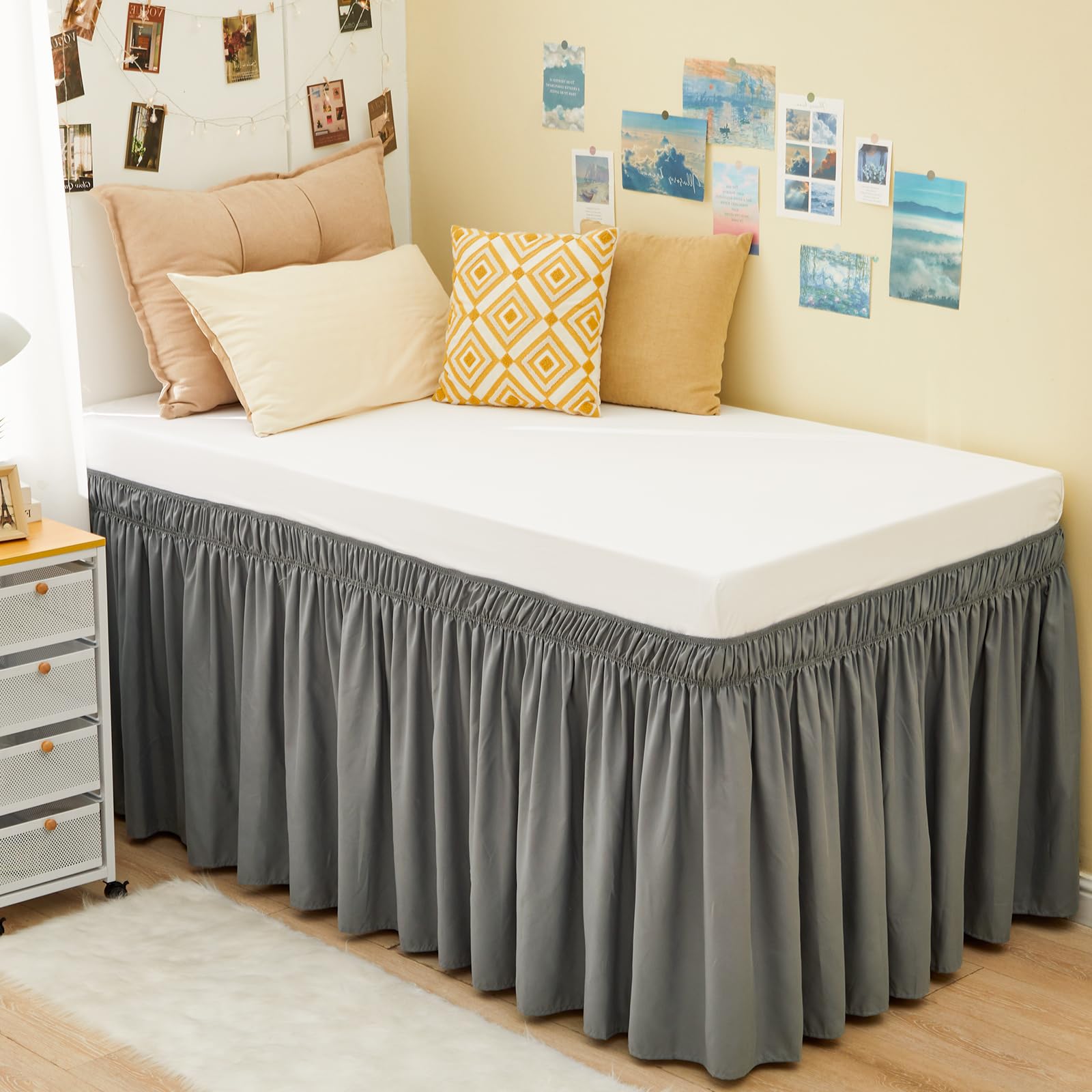 RIMELA Dorm Bed Skirt Twin XL 32 Inch Drop, Easy to Install Extra Long Wrap Around Elastic Dust Ruffle, White Bedskirt Solid Silky Fabric Machine Washable, Bedroom Decor
