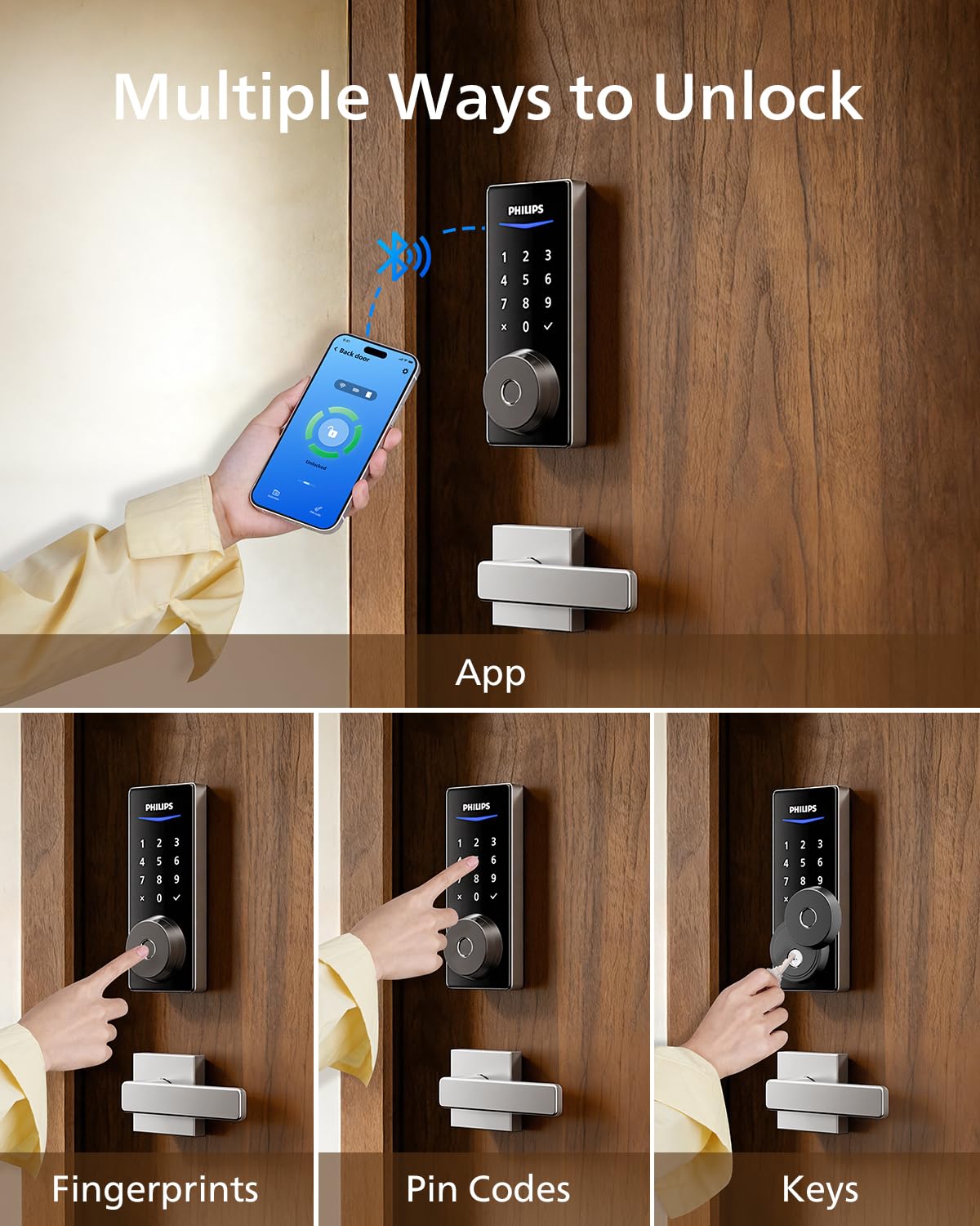 Philips Smart Lock with Handles, Keyless Entry Door Lock Set, Keypad Door Lock with 2 Level Handles, Digital Keypad Deadbolt for Front Door, App Fingerprint PIN Code Unlocking, Auto Locking
