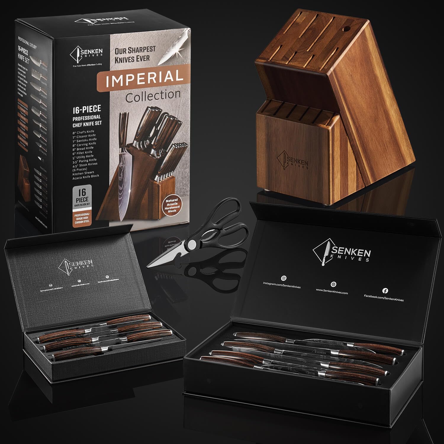 SENKEN 16-Piece Knife Block Set - Japanese High Carbon Stainless Steel with Damascus Pattern, Dark Wood Handles, 6 Steak Knives & Acacia Hardwood Block (Brown)