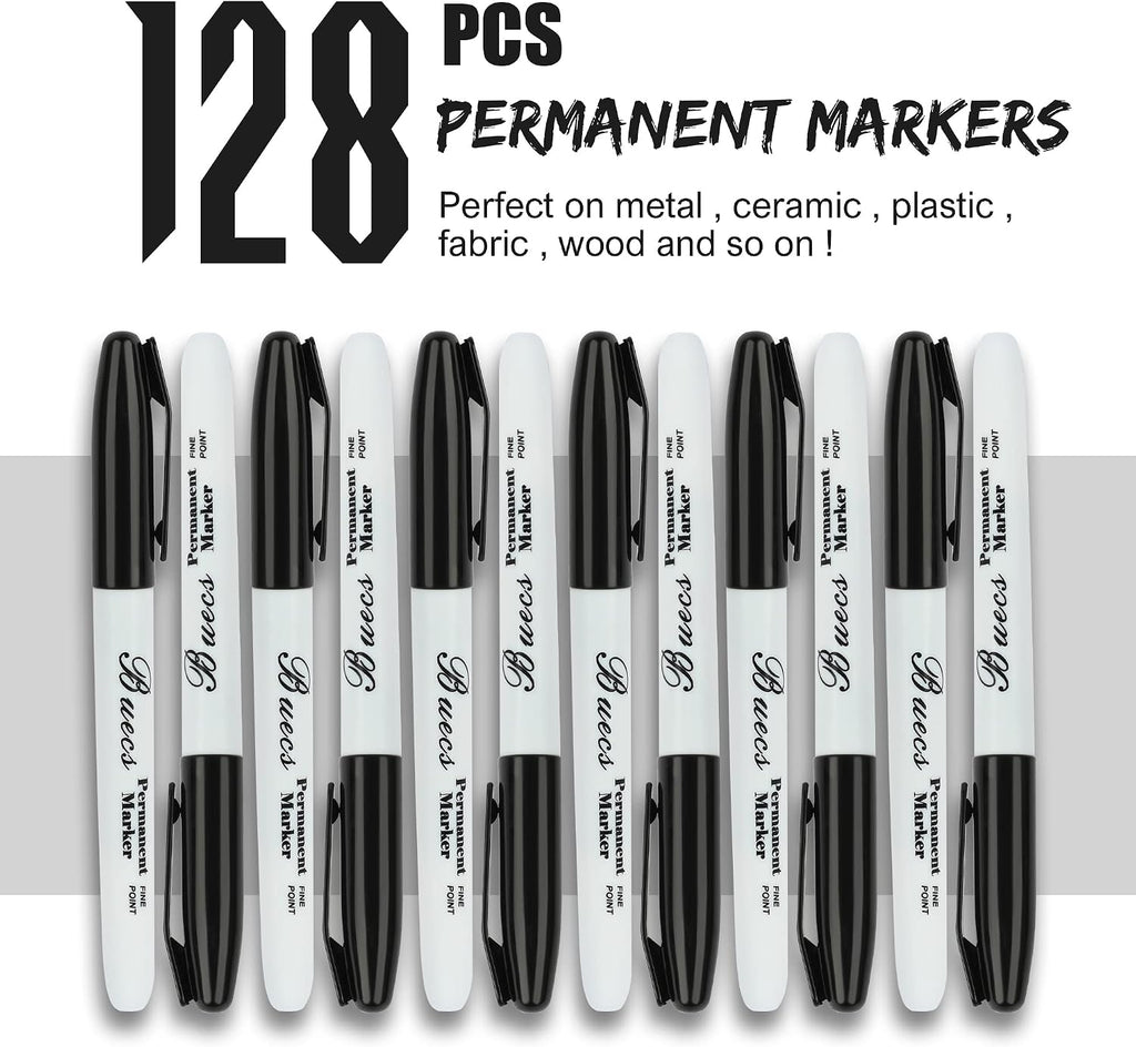 Buecs Permanent Markers, 128 Count Black Permanent Markers, Fine Point, Waterproof & Smear Proof Markers, Quick Drying, Office Supplies for School, Office, Home