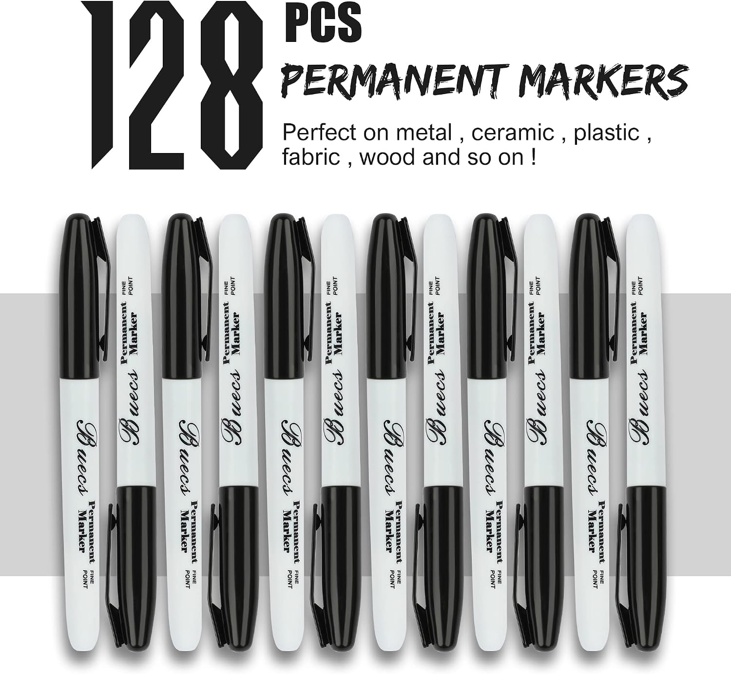 Buecs Permanent Markers, 128 Count Black Permanent Markers, Fine Point, Waterproof & Smear Proof Markers, Quick Drying, Office Supplies for School, Office, Home