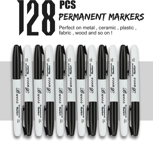 Buecs Permanent Markers, 128 Count Black Permanent Markers, Fine Point, Waterproof & Smear Proof Markers, Quick Drying, Office Supplies for School, Office, Home