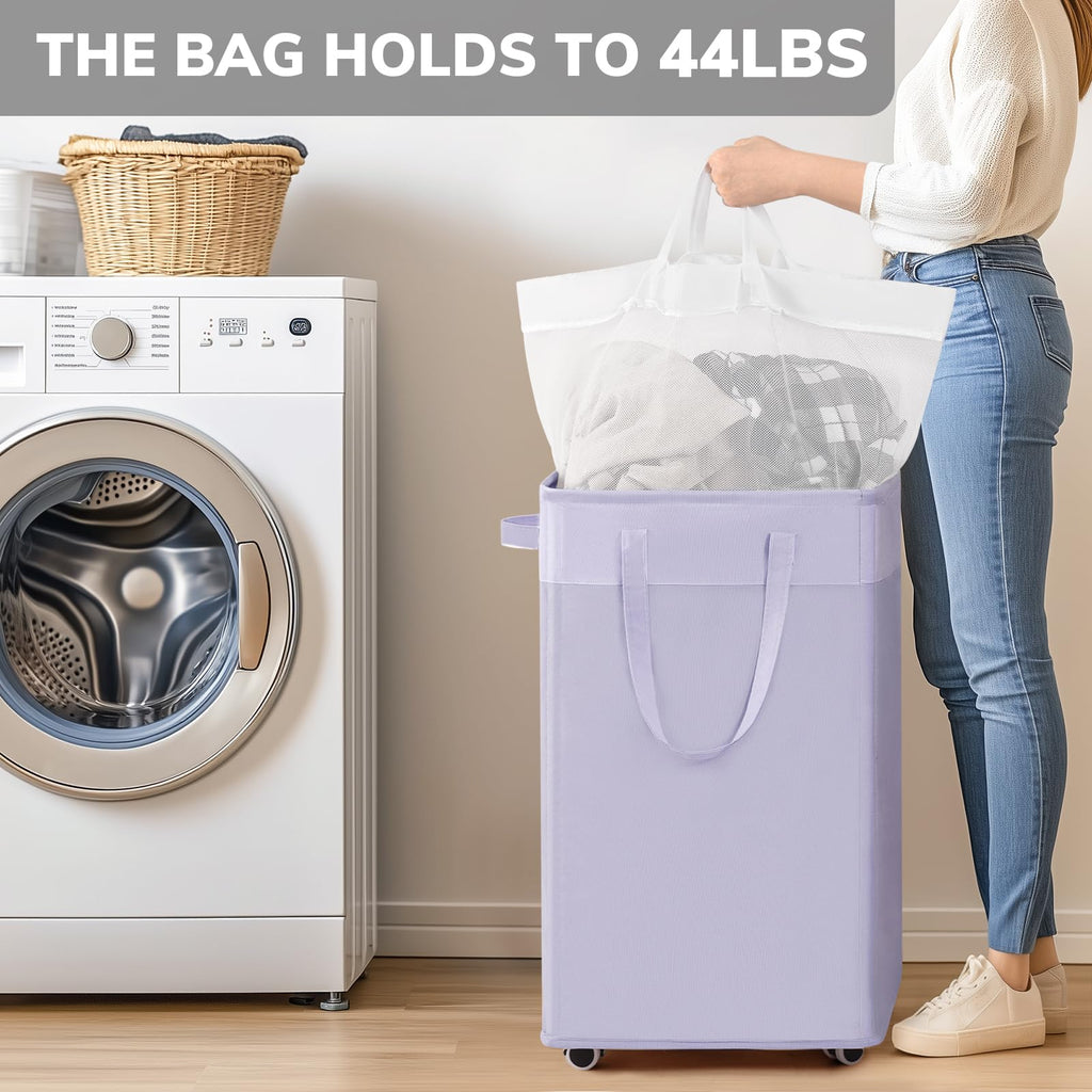 Goodpick Pink Laundry Basket with Wheels, Dorm Room Essentials for Girls, 75L Collapsible Laundry Basket, Laundry Hamper with Handle for College Dorm
