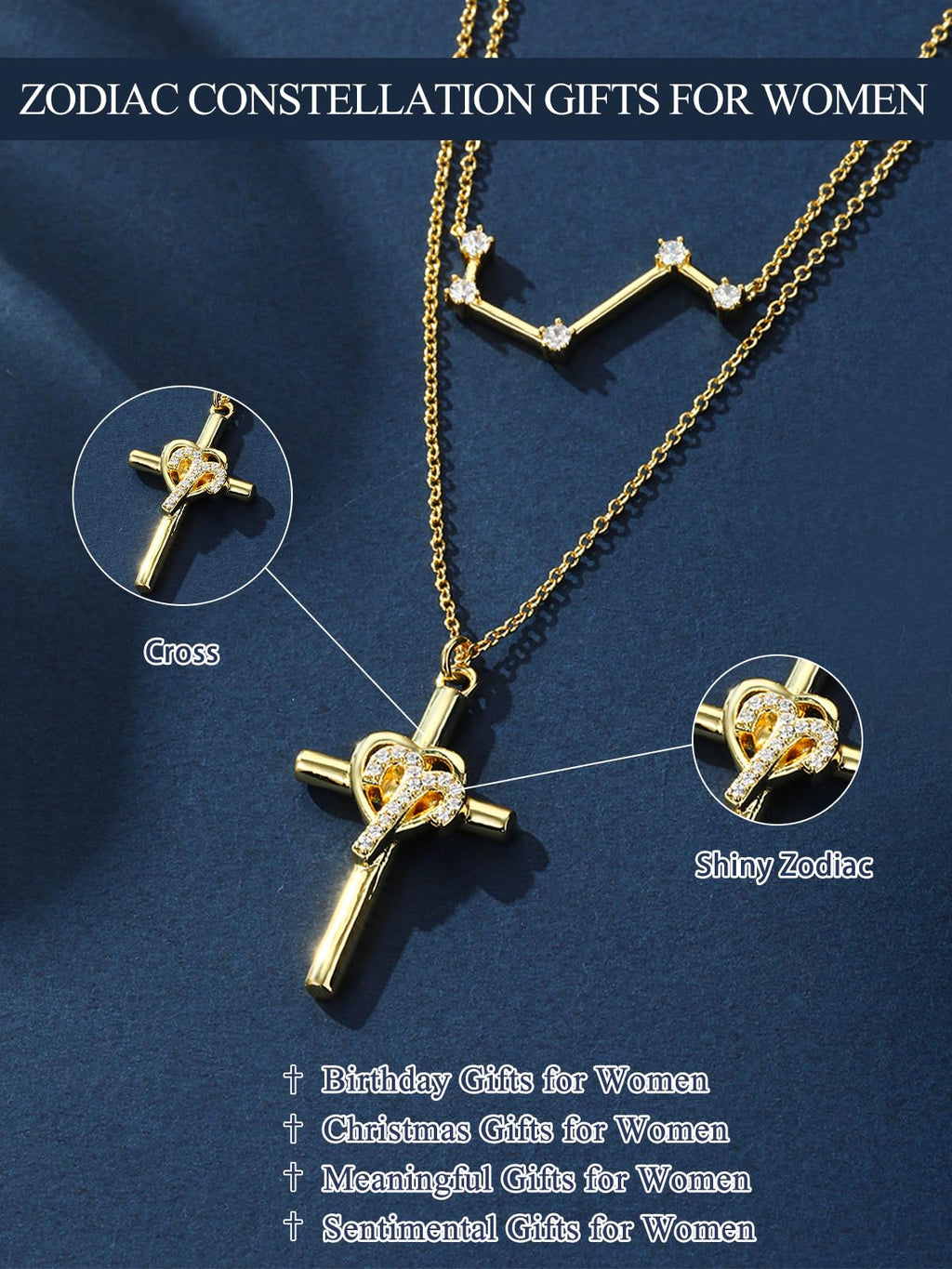 14K Gold Zodiac Cross Layered Necklace for Women - Horoscope Constellation Pendant with Cross,Luxury Anniversary Birthday Mothers Day Gifts Jewelry (12 Zodiac Signs)