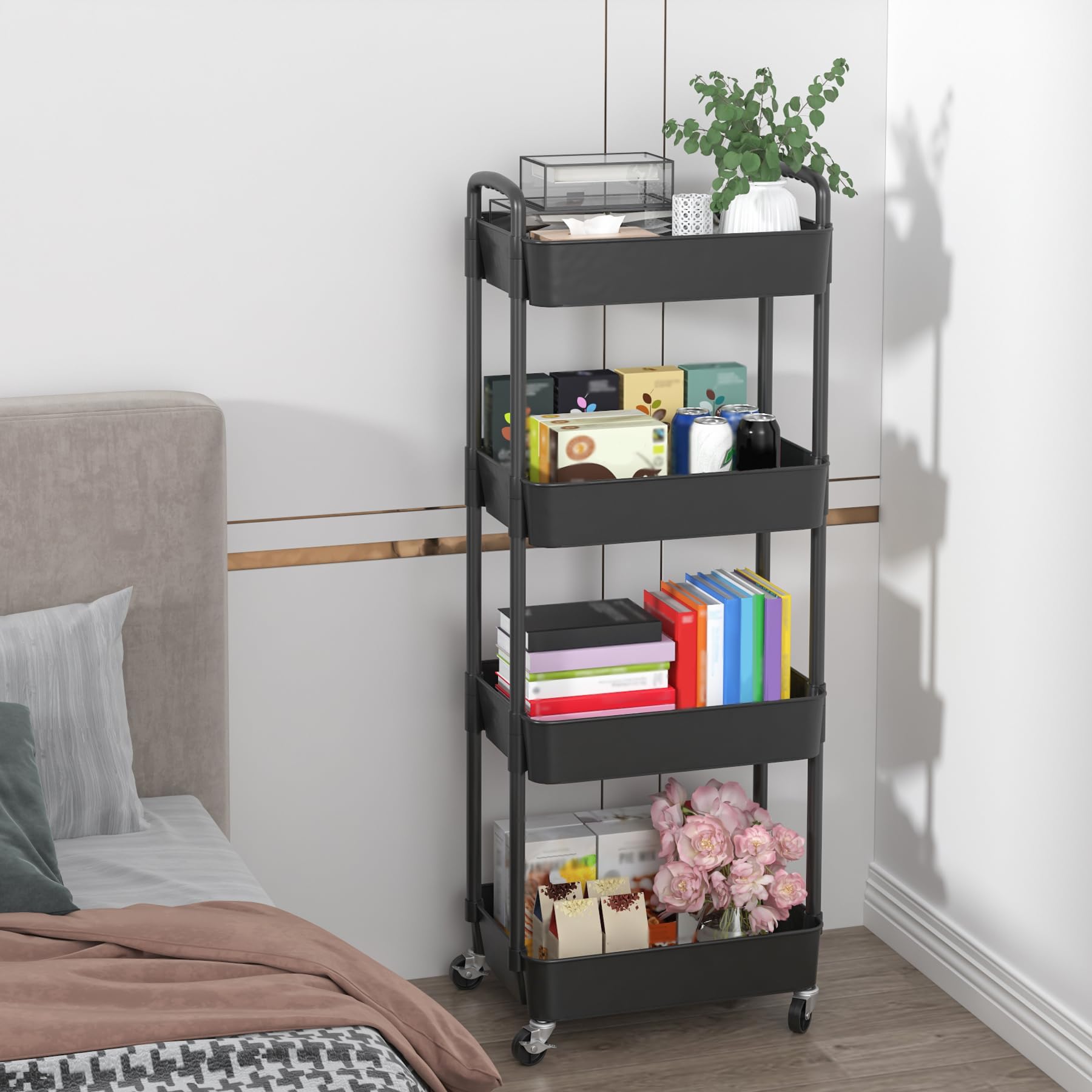 Sywhitta 3-Tier Plastic Rolling Utility Cart with Handle, Multi-Functional Storage Trolley for Office, Living Room, Kitchen, Movable Storage Organizer with Wheels, Black