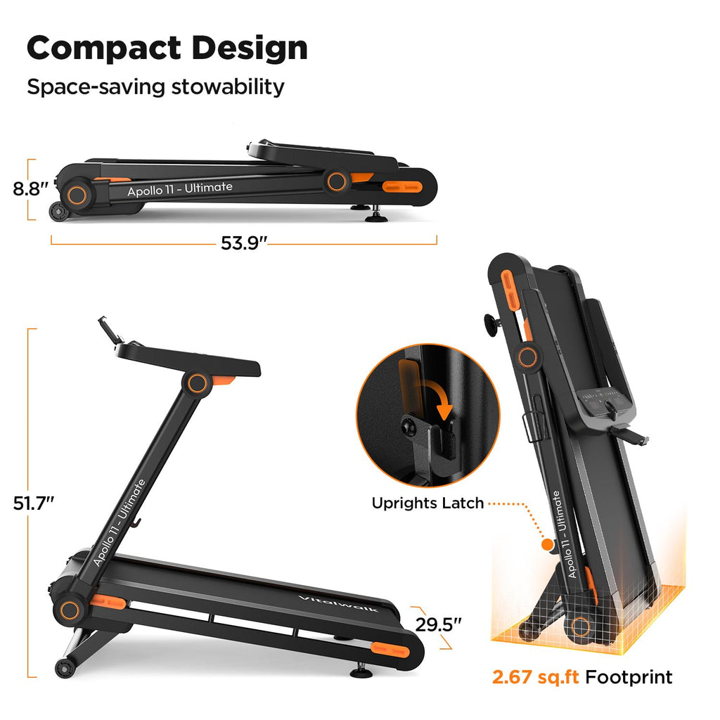 Vitalwalk Foldable Treadmill with Auto Incline, Commercial 49"x18" Wide Running Belt, 10MPH, 3.5HP Brushless, Walking Pad Treadmill for Home, Auto Folding, No Installation, 350LBS, APP