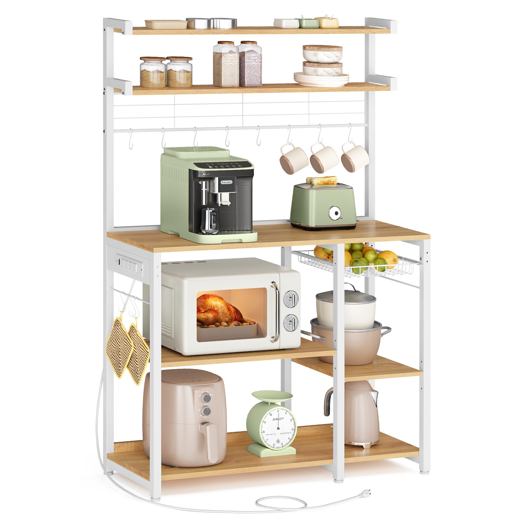 VASAGLE Kitchen Bakers Rack with Power Outlet, Coffee Bar with 35.4-Inch High Worktop, Microwave Stand with 8 Hooks, 15.7 x 31.5 x 66.9 Inches, Golden Oak and Cloud White UKKS059Y01