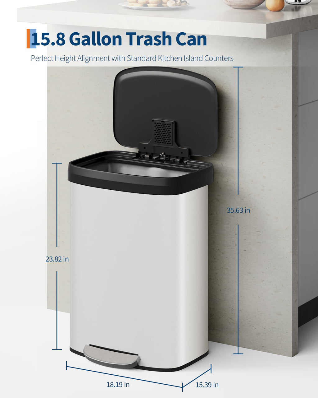 Garvee 13 gal / 50 L Stainless Steel Trash Can with Lid, Large Garbage Can for Kitchen, Rustproof Step-on Kitchen Metal Trash Bin with Liner Rim, Rear Handle, Soft Close Plastic Lid, Silver