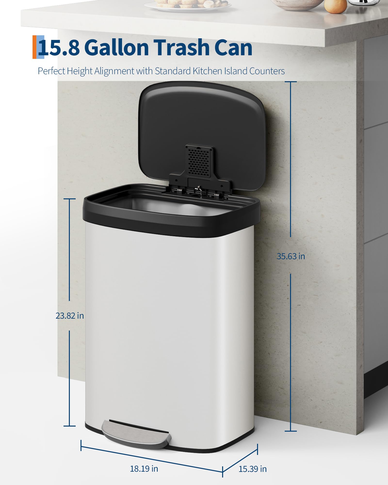 Garvee 13 gal / 50 L Stainless Steel Trash Can with Lid, Large Garbage Can for Kitchen, Rustproof Step-on Kitchen Metal Trash Bin with Liner Rim, Rear Handle, Soft Close Plastic Lid, Silver