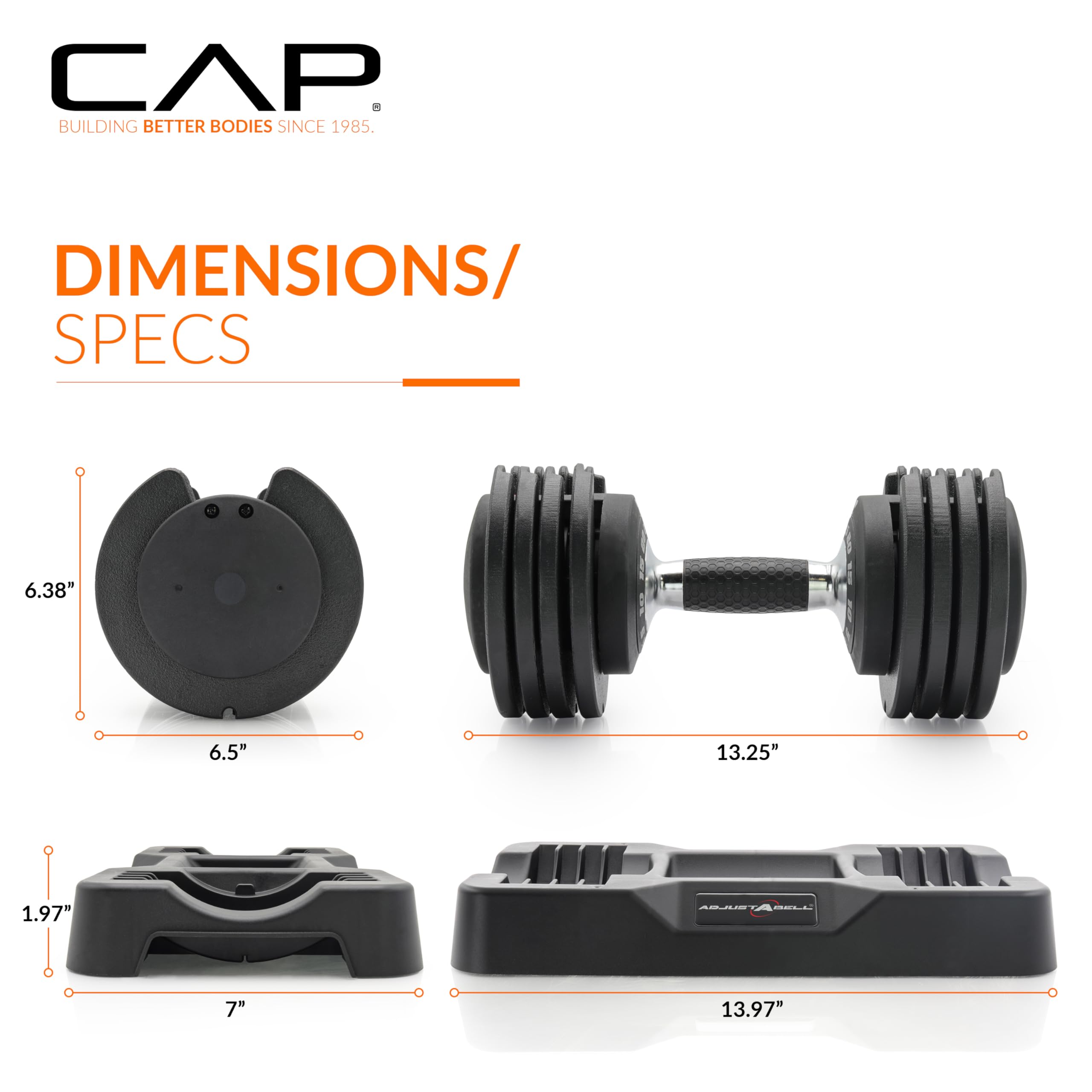 CAP ADJUSTABELL Adjustable Dumbbell Set, Premium Quick Select Adjustable Weights for Strength Training, Singles & Pairs, 12.5 LB, 25 LB & 55 LB, Round & Hex Dumbbells, Multiple Grip Handle Options
