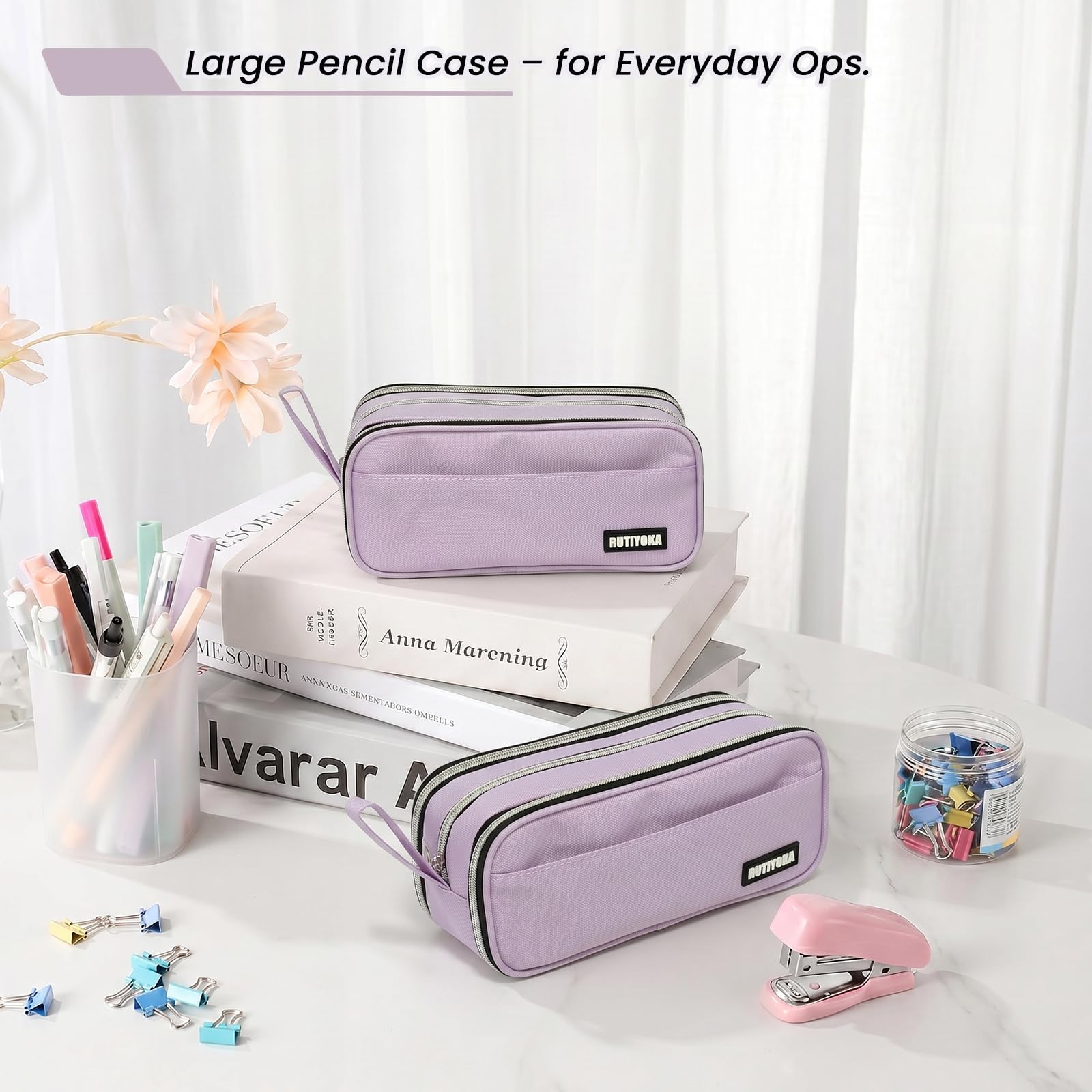 Large Pencil Case Pouch, Extra Big Pencil Bag with 4 Compartments for Kids, Oxford Cloth Pen Bag with Zipper, Pencil Organizer, Cute Aesthetic School Supplies for Teen Girls Boys Adults Pink
