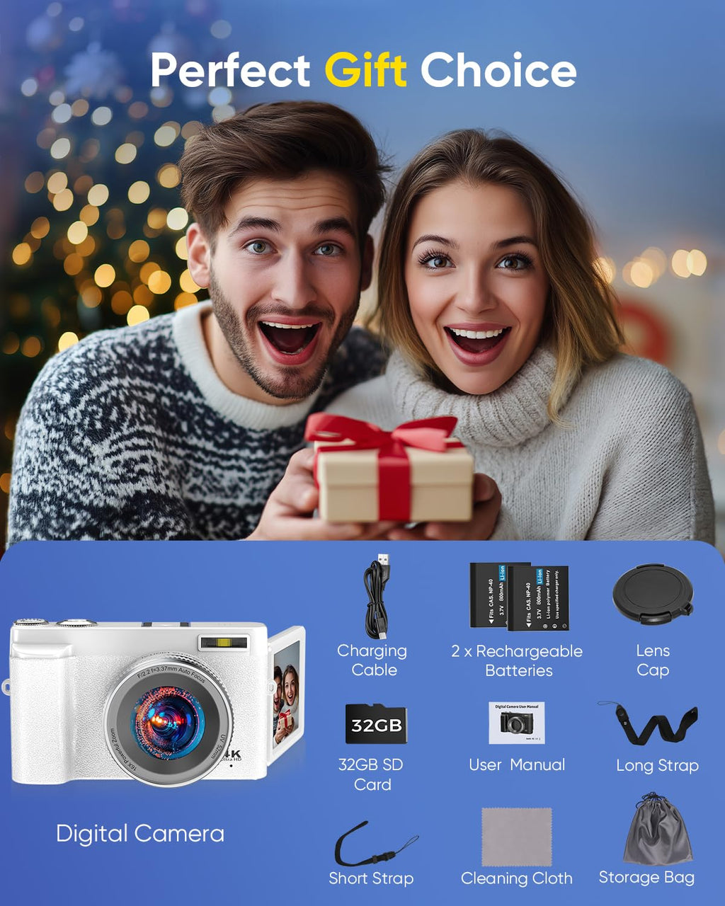 4K Digital Camera 64MP WiFi 180° Flip Screen Autofocus Compact, Black | 16X Zoom Anti-Shake Travel Vlogging YouTube Photography Webcam Filters Scene Modes 32GB Card Dual Rechargeable Batteries