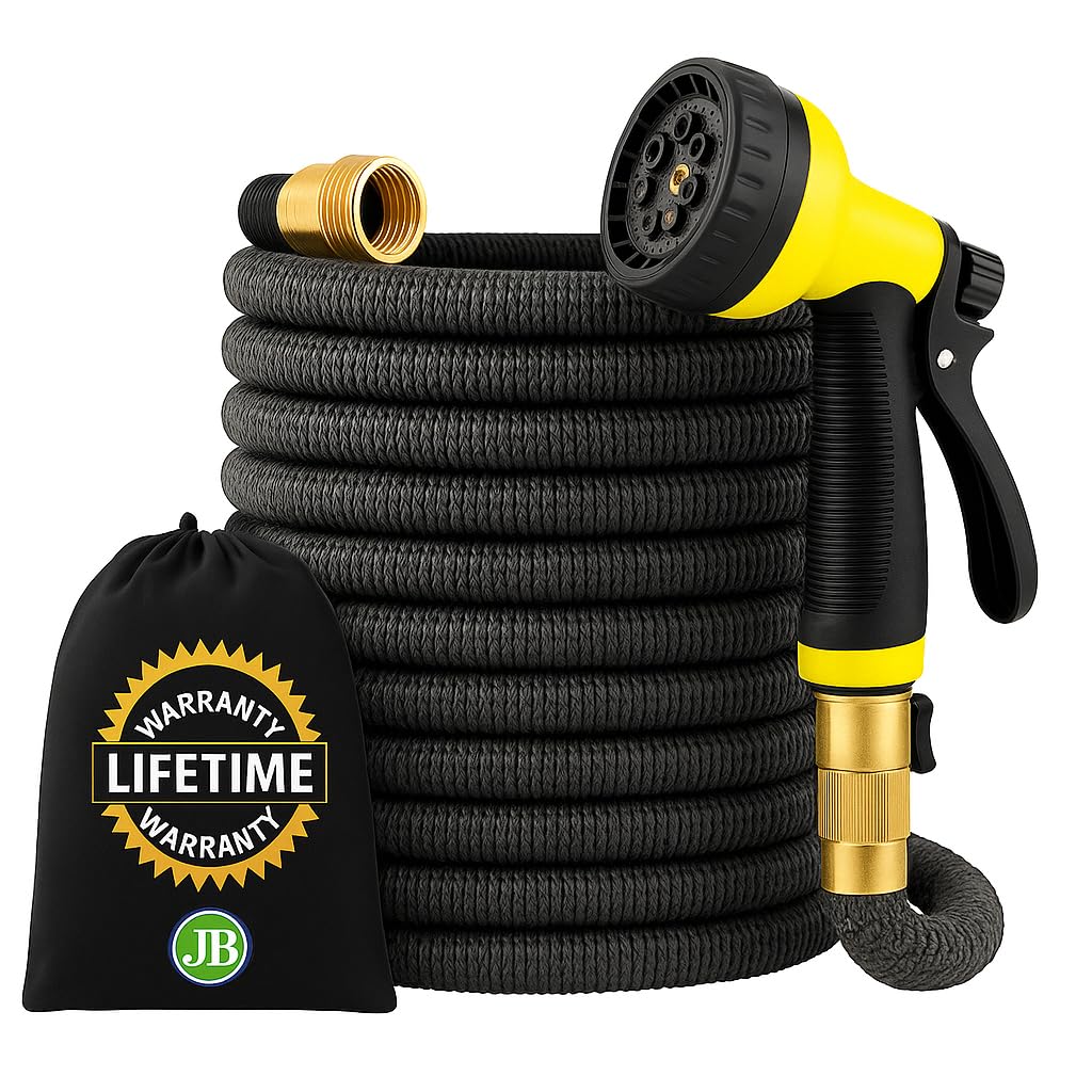 J&B XpandaHose 75ft Expandable Garden Hose, Lightweight, Brass Connectors | Ultra Strong 3750D fabric, 4-layer latex core, expands 3X, kink & leak-resistant, 10-pattern nozzle, storage bag