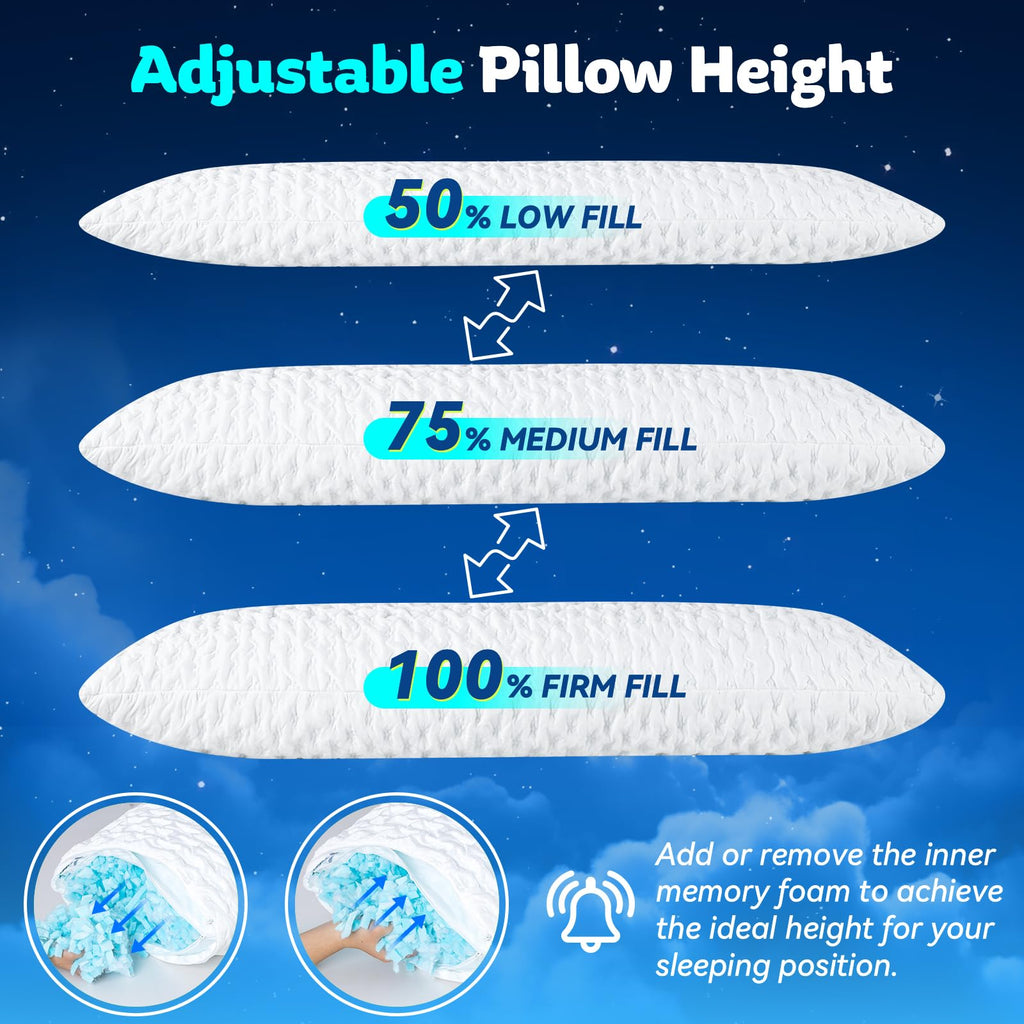 KUCEY Cooling Side Sleeper Pillow for Neck and Shoulder Pain, Luxury Shredded Memory Foam Curved Bed Pillows for Sleeping Set of 1- Adjustable Queen Size- Washable Cover Crescent White